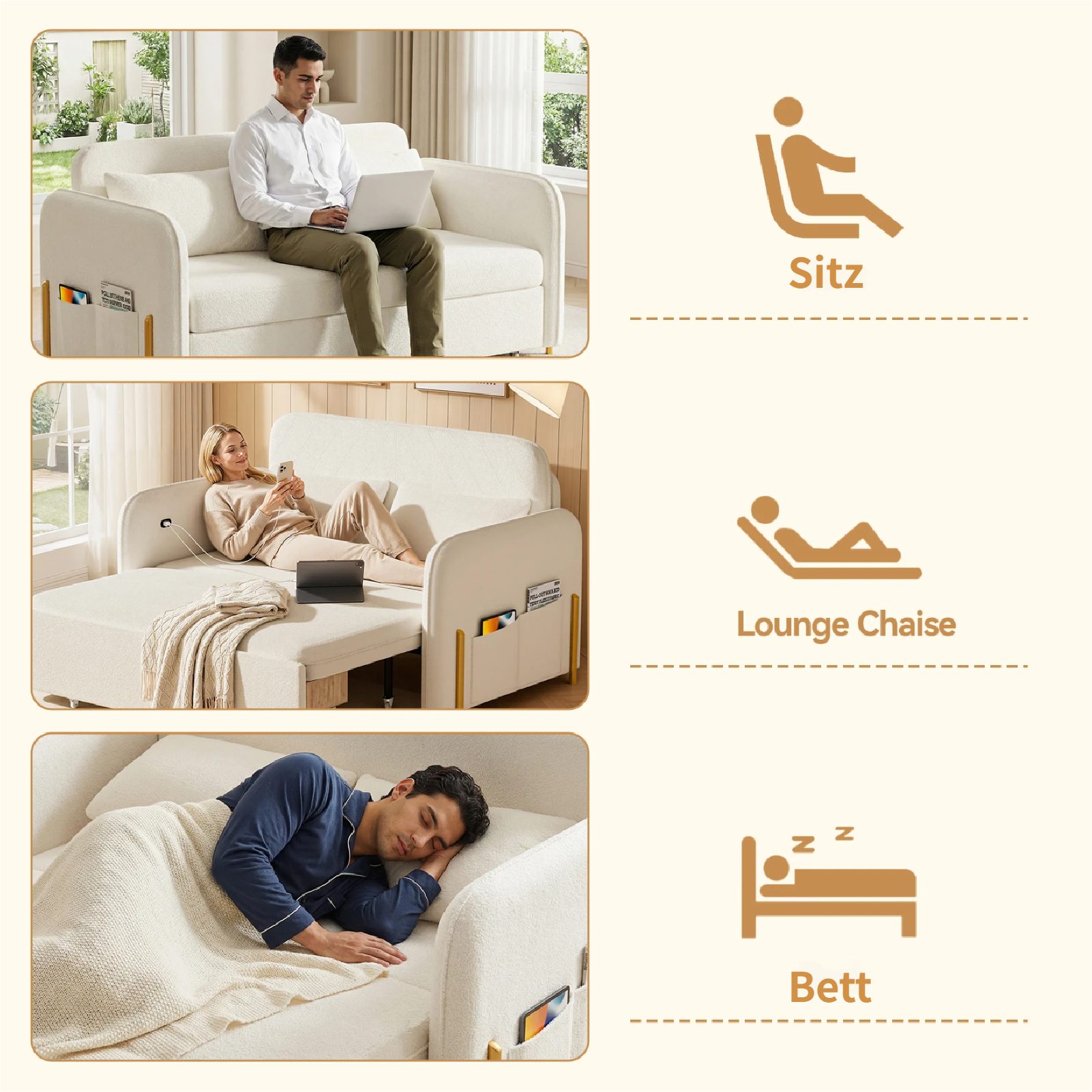 Rutaqian Sofaschoner 70 Inch Convertible Sofa Bed with Charging Station Side Pocket, Ausziehbares Schlafsofa, klappbares Zweisitzer-Schlafsofa für Schlaf