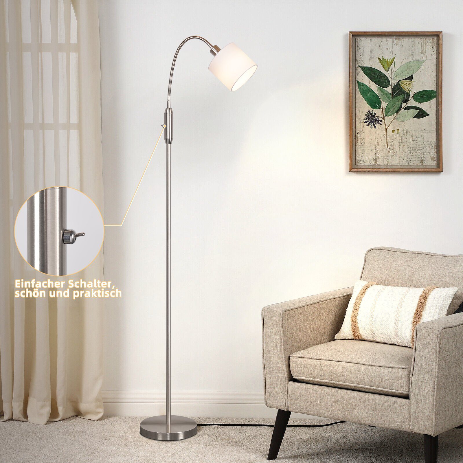 ZMH LED Stehlampe Wohnzimmer Vintage Schwarz Stehleuchte Stoff Bogen 360°, Einfache Installtion, ohne Leuchtmittel, Metallsockel E14 Stofflampenschirm