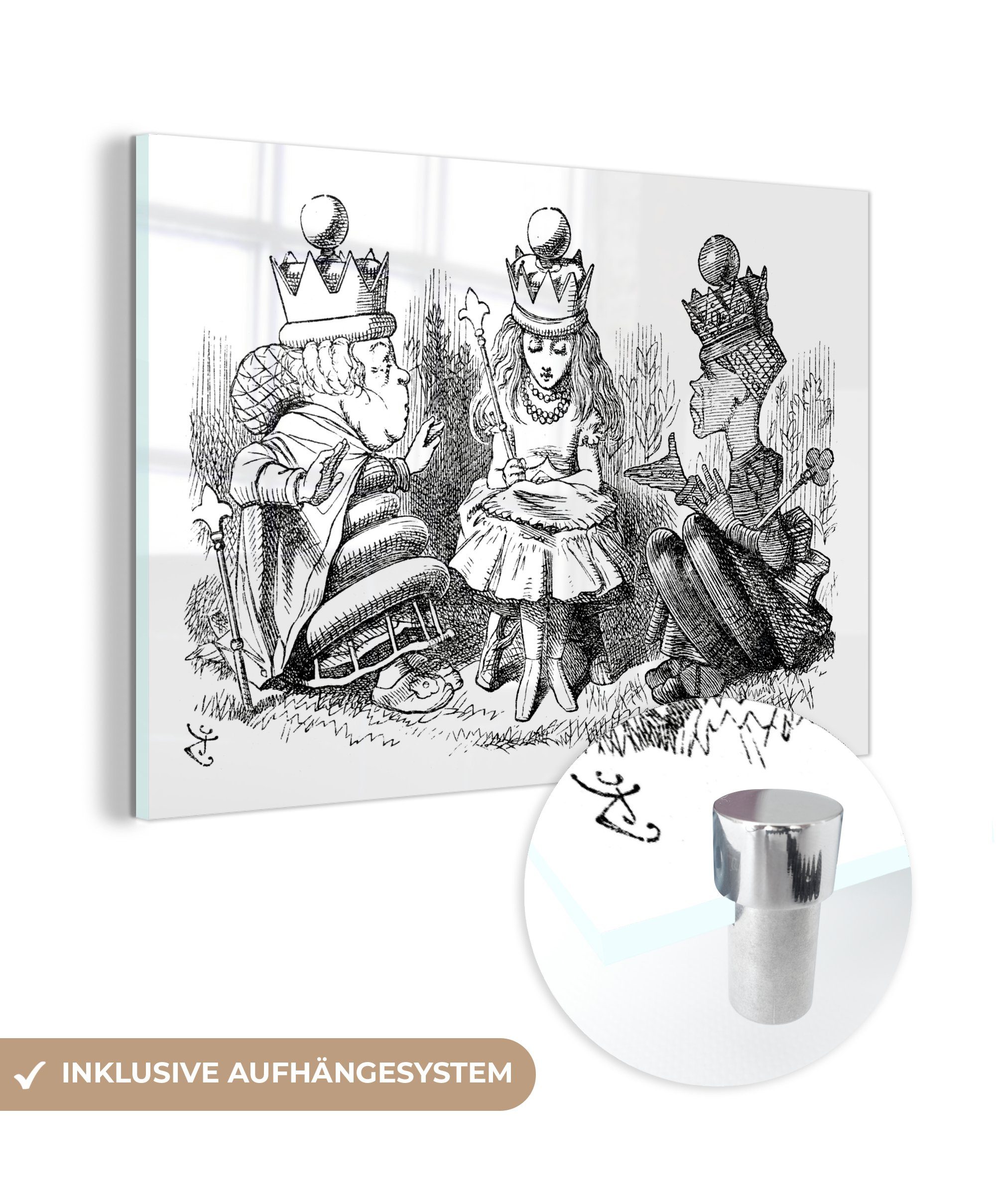 MuchoWow Acrylglasbild Vintage-Illustration Alice im Gespräch mit den Königinnen - schwarz, (1 St), Acrylglasbilder Wohnzimmer & Schlafzimmer