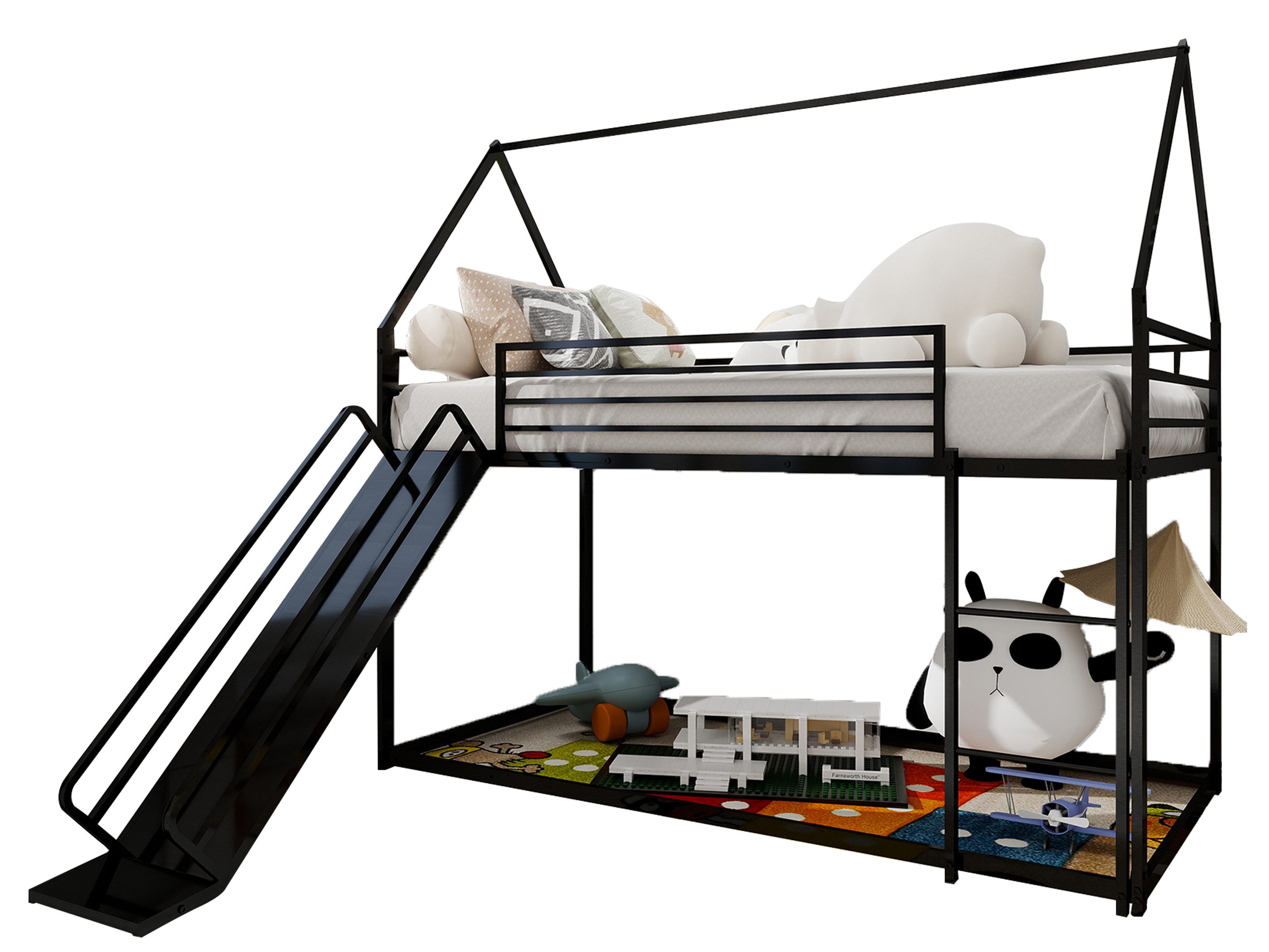 SeedWave Hochbett Modernes Kinderbett Metallbett, Eine Rutsche mit Handläufen, 90x190cm Hausbett inkl. 2-stufige Leiter, freier Raum unten