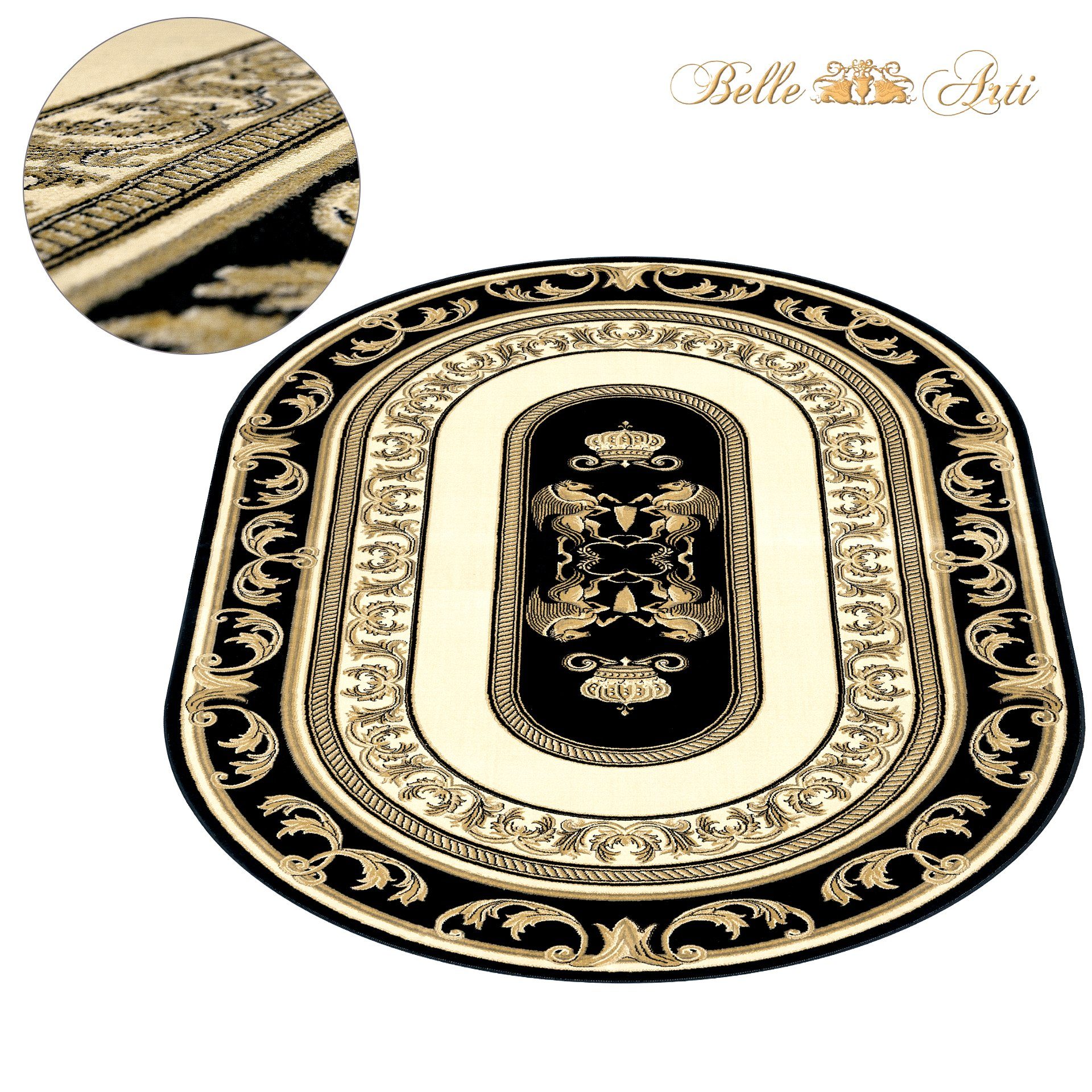 Belle Arti Teppich Premium Teppich Wohnzimmer schwarz gold kurzflor Viskose Pegasus Pferd, Oval, flauschig
