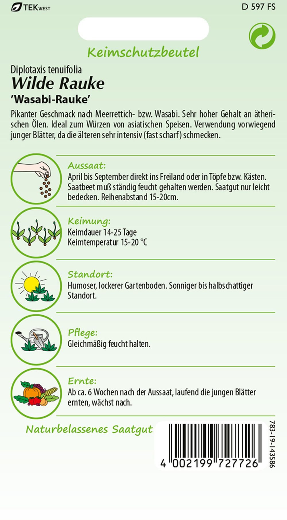 SAMEN PFANN Kräutersamen Wilde Rauke Wasabi-Rauke mit ätherischen Ölen Meerrettich Rauken-Samen, Diplotaxis tenuifolia
