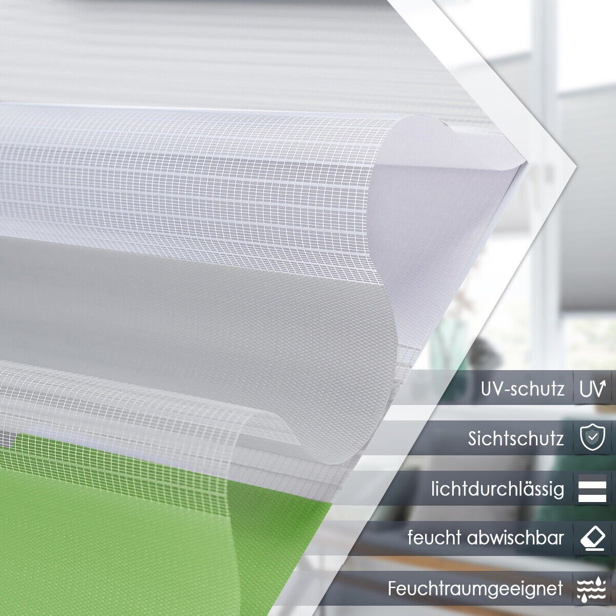 Doppelrollo Ohne Bohren, Grau/Grün/Grün-Grau-Weiß, OUBO, freihängend, verspannt, Klemmträger,klemmfix, Lichtschutz schnelle und einfache Montage mit beiliegendem