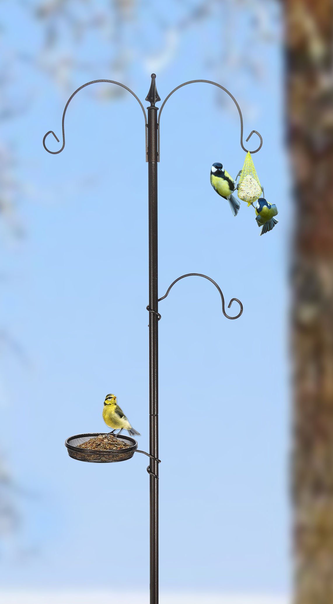 Spetebo Futterball Vogel Futterstation mit Meisenknödel Halter, Vogelfutter Stelle aus Stahl - Futter Spender mit Futterschale