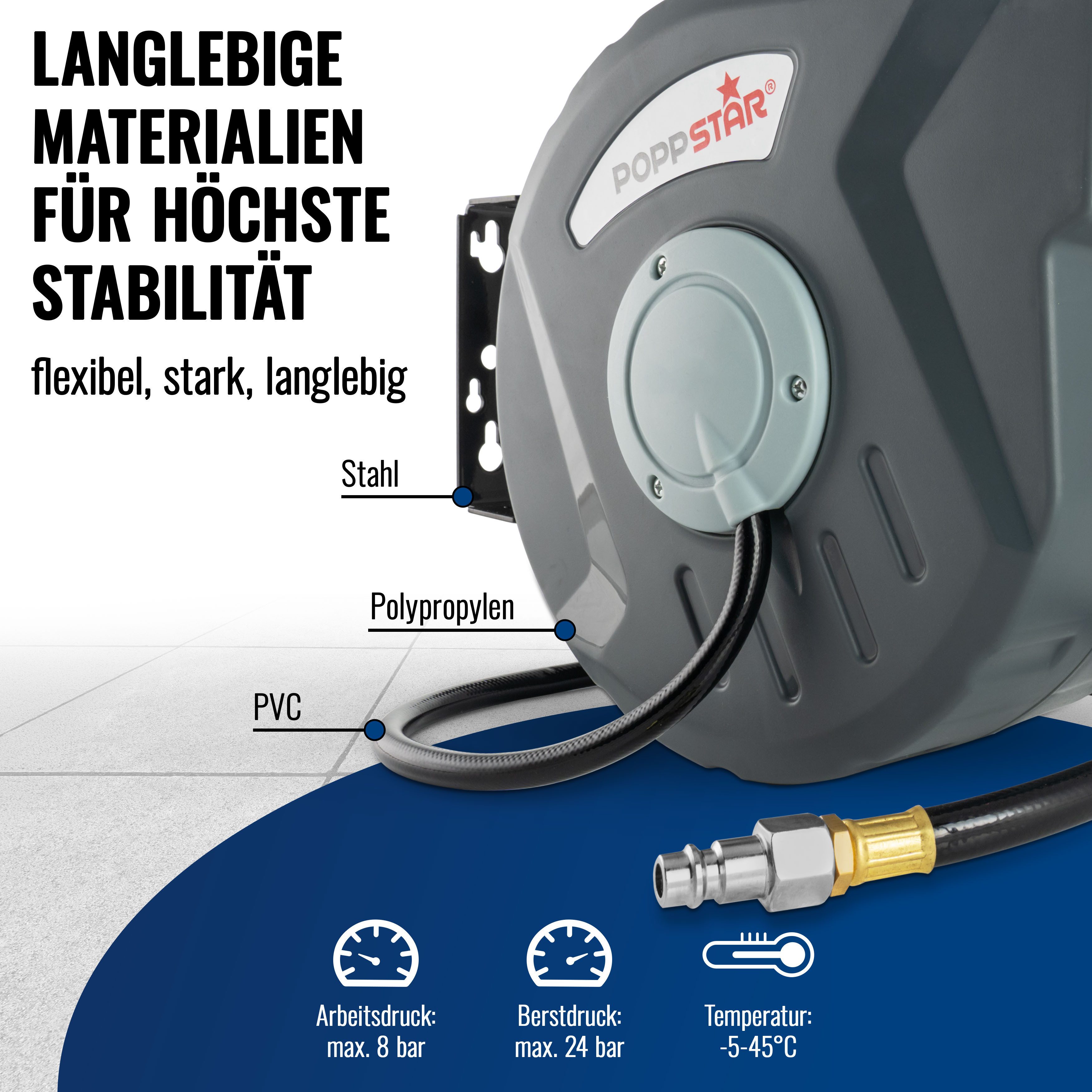 Poppstar Druckluftgeräte-Set Automatische Druckluftschlauchtrommel 10m, Schlauch: 10m + 1m, Innendurchmesser 5/16" (8x12mm), Schlauchtrommel mit Automatik Aufroller für Druckluft Schlauch