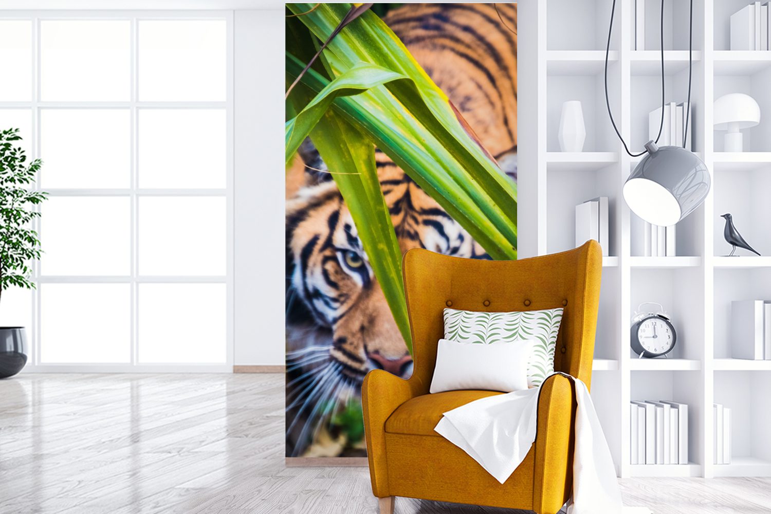 (2 Wohnzimmer bedruckt, Sumatra-Tiger im Küche, Laub, Fototapete Matt, Schlafzimmer St), für MuchoWow Vliestapete Versteckter Fototapete