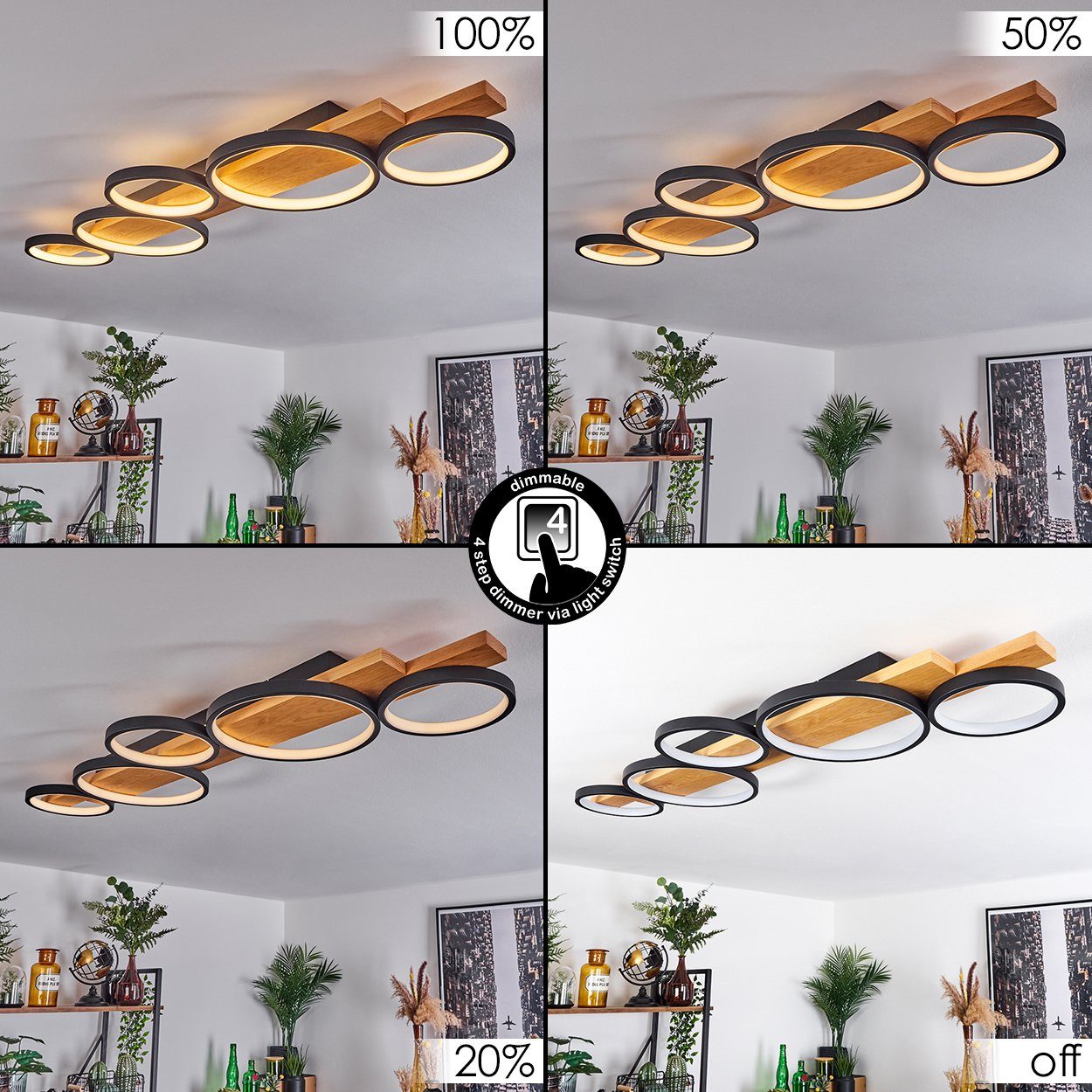 hofstein Deckenleuchte »Caces« dimmbare Deckenlampe aus Metall/Holz in Schwarz/Natur/Weiß, 3000 Kelvin