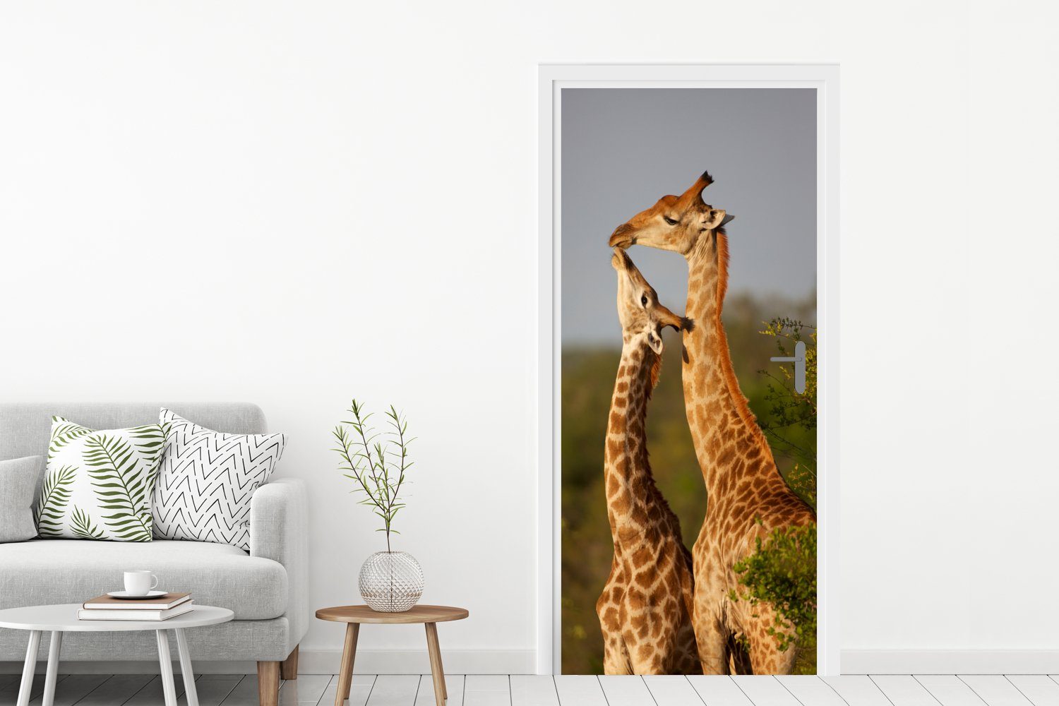 MuchoWow Türtapete Giraffe - Baum Fototapete Matt, Türaufkleber, - St), Porträt, 75x205 Tür, - Kalb für (1 bedruckt, cm