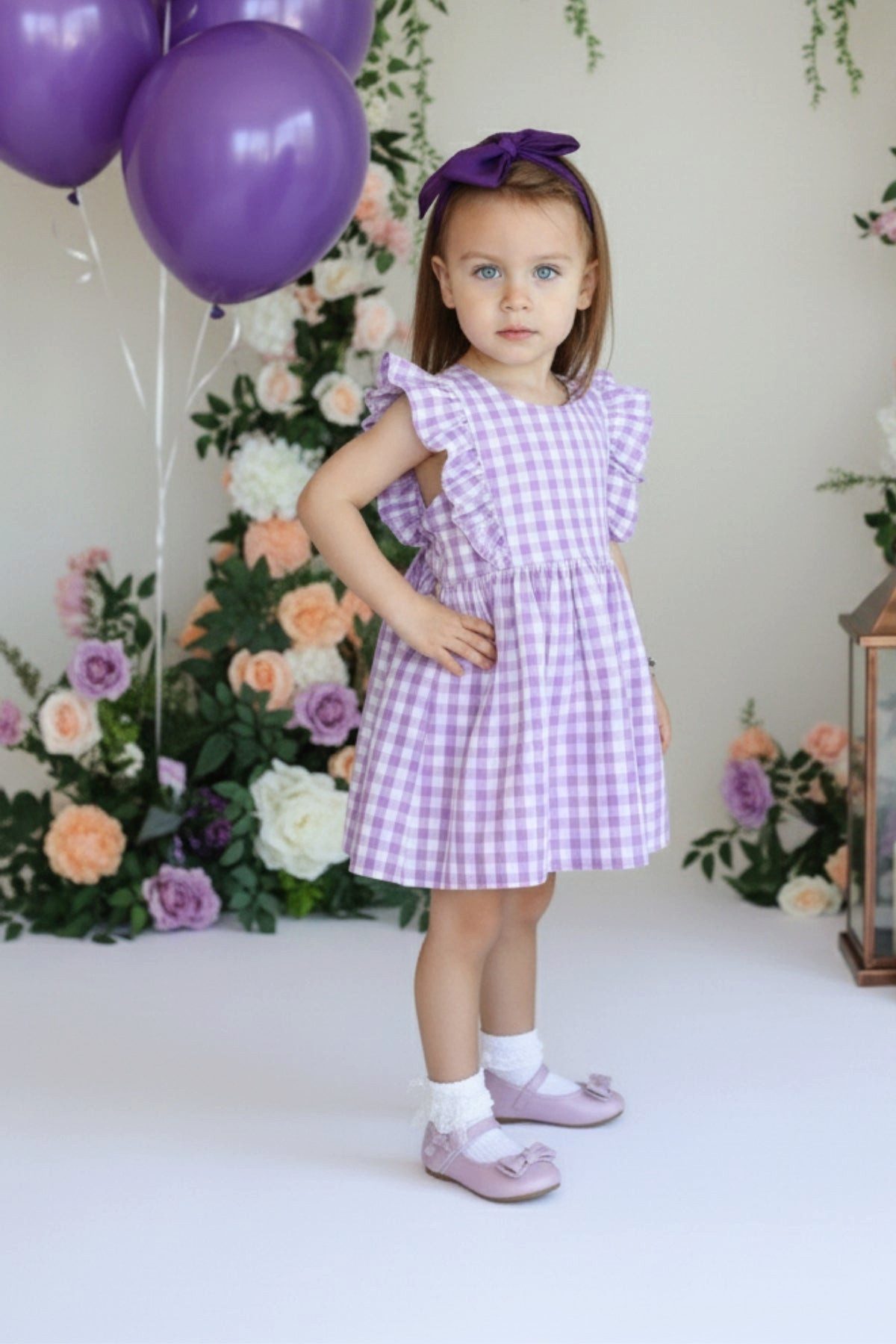 Parla Kids Kleid & Haarband Kleid Violetta - Plaid Muster in lila weiß, Rüschensaum und Haarband