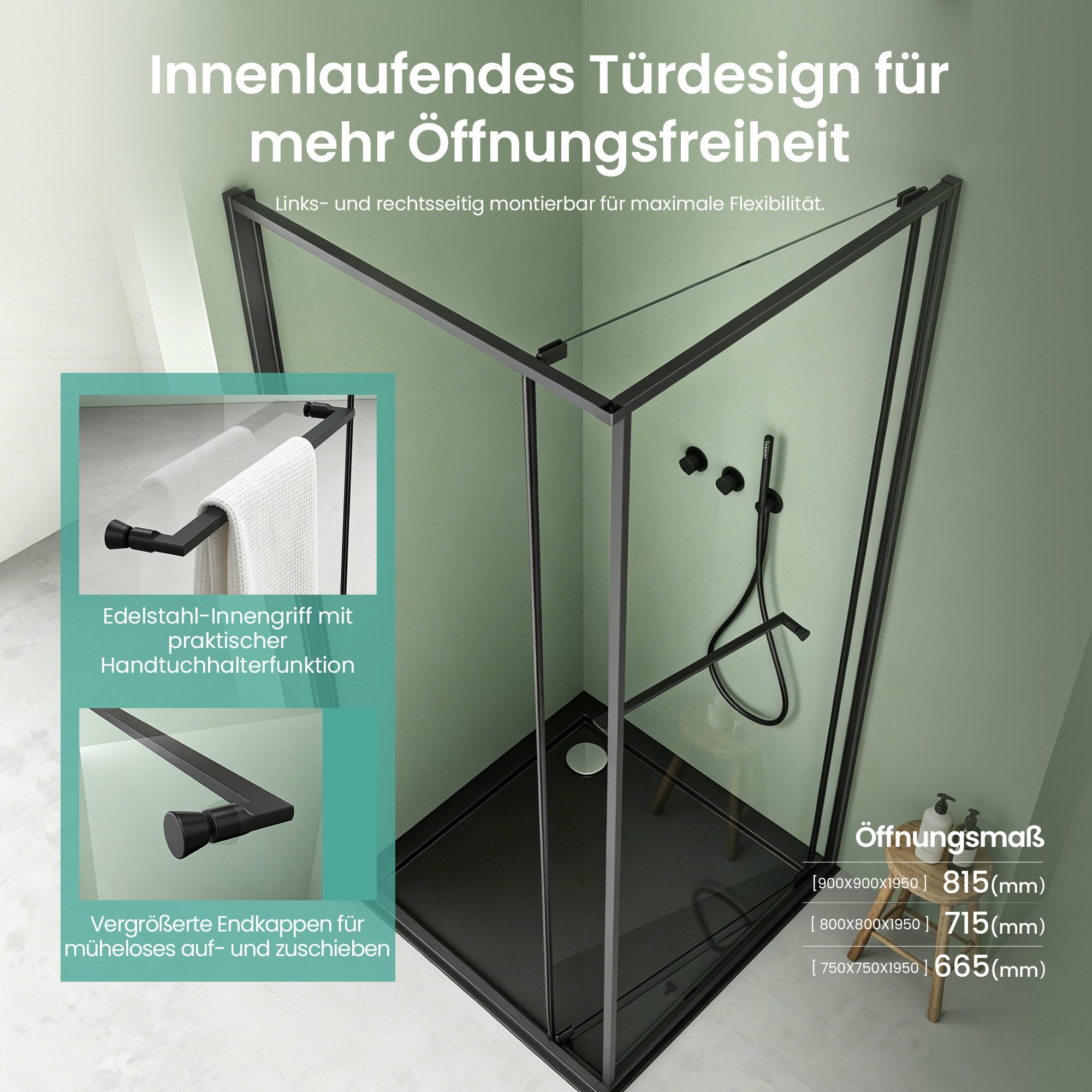 Mai & Mai Eckdusche Duschkabine Eckeinstieg mit Schiebetür nach innen 6 mm ESG Glas Rav69K, BxT: 75x75 cm, ESG-Sicherheitsglas, zuverlässige Rundum-Abdichtung,optional mit Duschtasse erhältlich