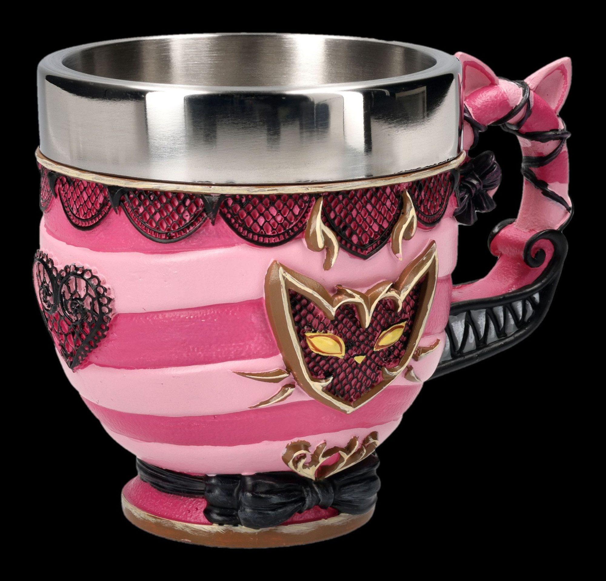 Figuren Shop GmbH Tasse Alice im Wunderland Tasse – Grinsekatze Kaffeetasse Fantasy 11 cm Deko, Kunststein (Polyresin), Edelstahl