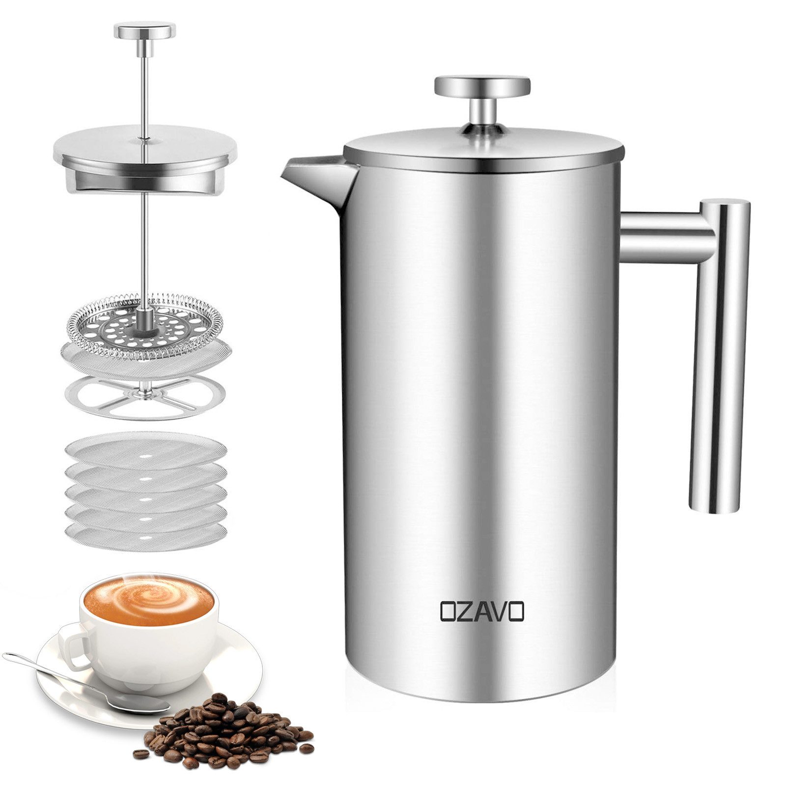 OZAVO Kaffeebereiter, 5 Edelstahl-Filter Φ9.5cm, Kaffeekanne 1L Doppelwandig French Press System Edelstahl Kaffepresse