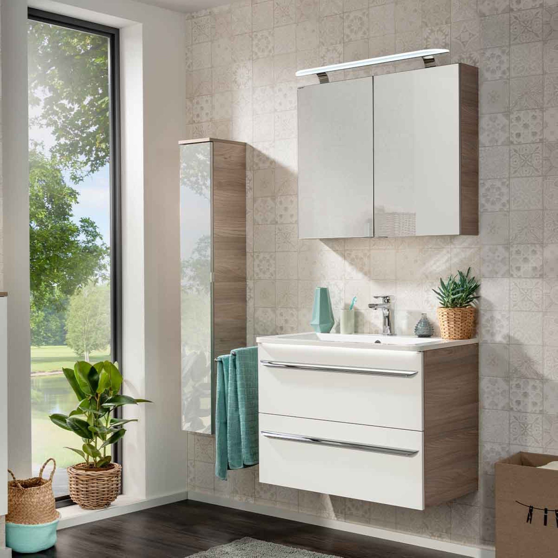 FACKELMANN Badmöbel-Set LUXOR Badmöbel Set 3-teilig 80 cm, Braun/Weiß + LED-Spiegelschrank