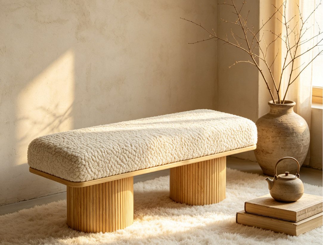 WILLIAMSPACE Ottomane Flauschige Bank – 122 cm, Teddyfleece, Massivholzgestell, Creme, Teddy-Fleece, Hochdichtes Kissen
