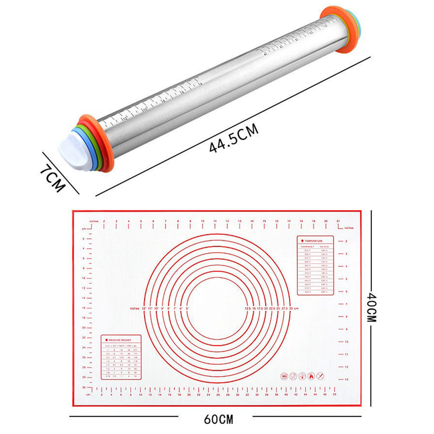 Mutig Teigroller Nudelholz Edelstahl,Mit Silikon-Teigmatte,Dicke verstellbar,antihaft, (Antihaft Teigrolle Backzubehör 45*7cm mit Dicke-Verstellbares Ringe, für Teig, Fondant, Pizza, Cookie, Gebäck, Teig), Tolles Geschenk zu Weihnachten, Geburtstag, Einweihung oder Muttertag
