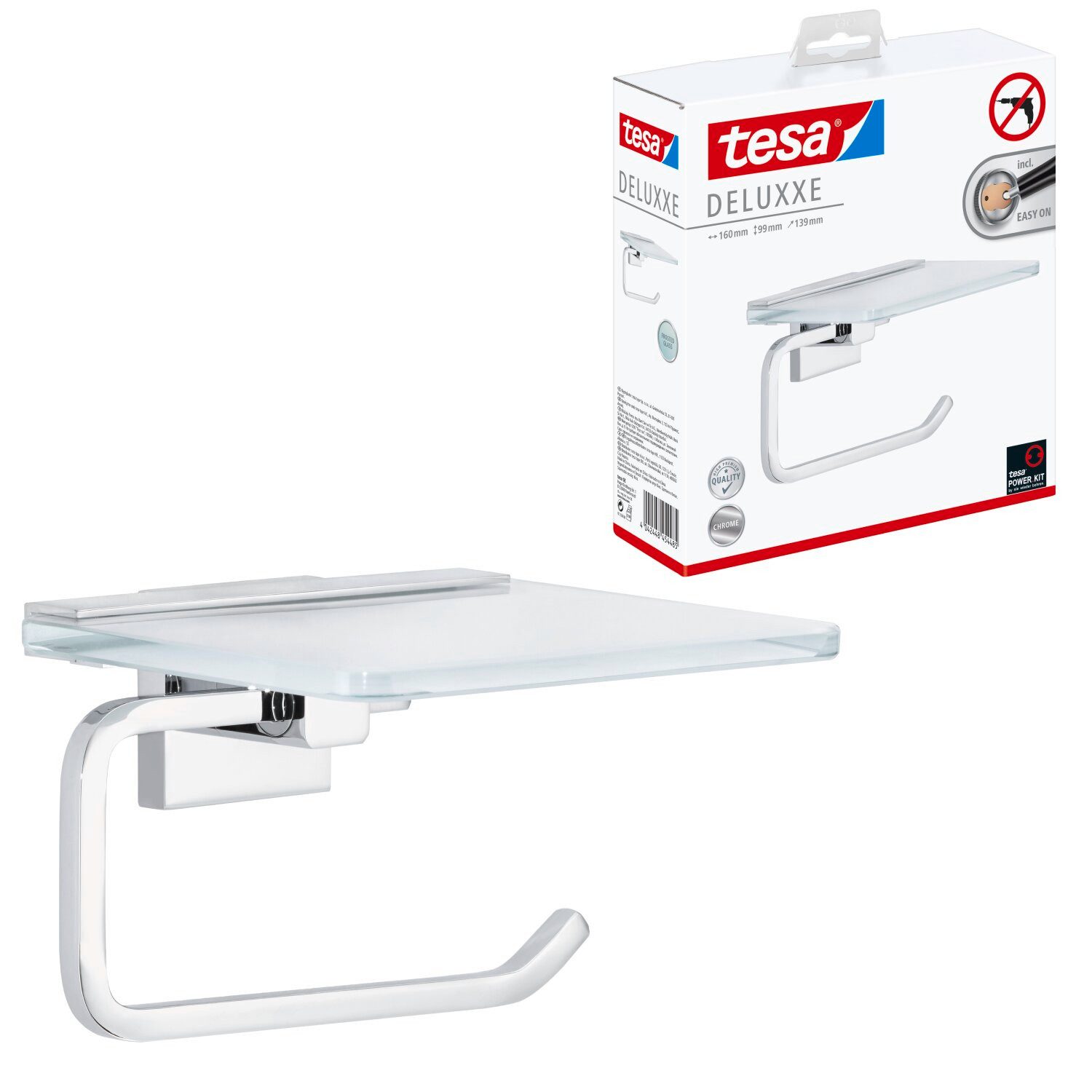 tesa Держатели для туалетной бумаги DELUXXE WC-Rollenhalter ohne Bohren - 10,1 cm : 16,0 cm : 13,9 cm (Packung, 1-St., inkl. Klebelösung), selbstklebender WC-Rollenhalter - chrom - silber glänzend