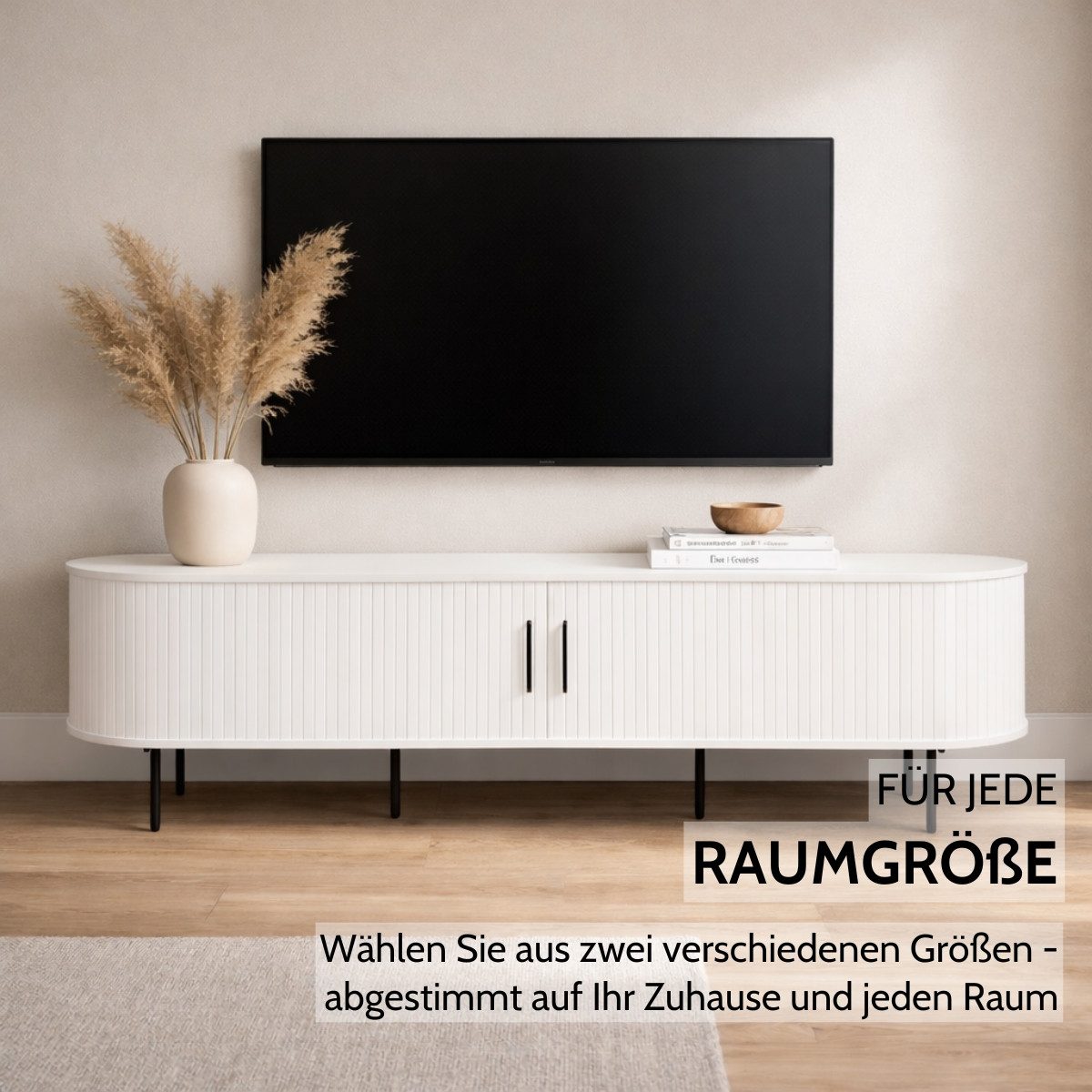 Liadomo Lowboard Uriel, TV-Möbel, TV-Board, TV-Unterschrank, 120 oder 180 cm Breite, Schiebetüren, Lamellen, schwarz, weiß, Natur, braun