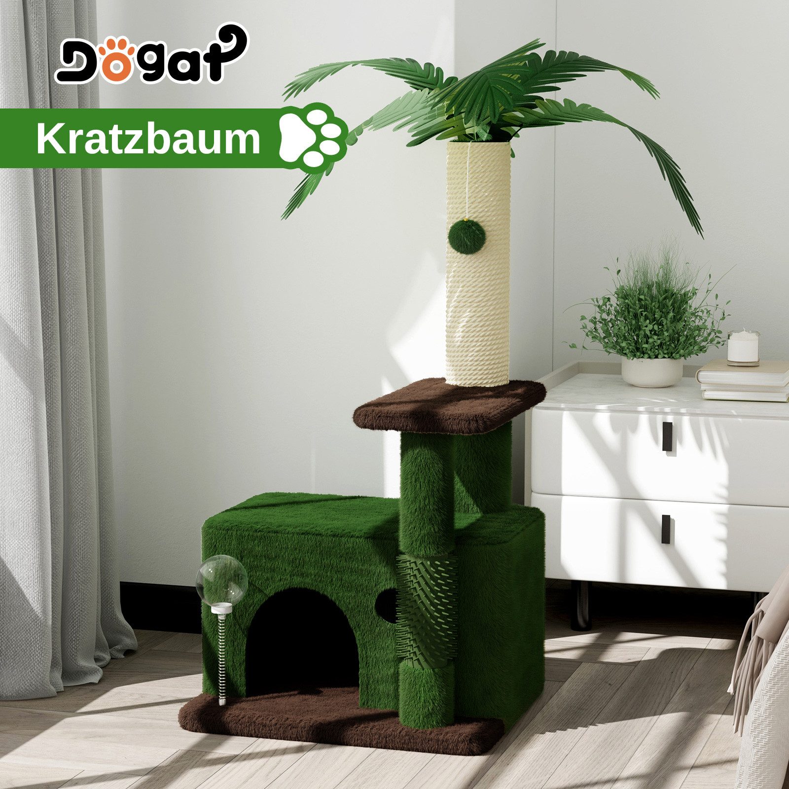 Dogat Kratzbaum Katzenkratzbaum 90cm für Indoor Cat Klettergerüst Katzenbaum, Kratzbaum mit Sisalseil, Palme Deco & Plüschball