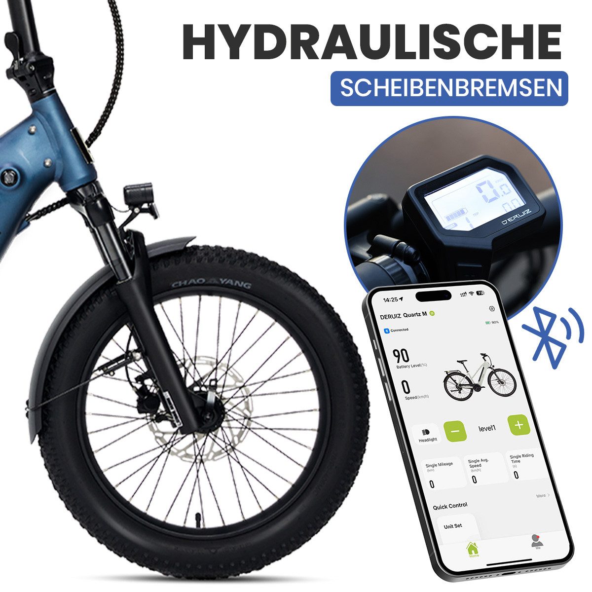DERUIZ E-Bike Faltrad 20 Zoll, max. 140km, Federsattelstütze, mit Bluetooth, 5 Stufen, 8 Gang SHIMANO SHIMANO ALTUS 11-32T Schaltwerk, Kettenschaltung, Heckmotor, 500 Wh, (mit Akku-Ladegerät, mit Werkzeug), RH:36cm, Bremslicht, Gepäckträger (max.50kg), hydraulische Bremsen