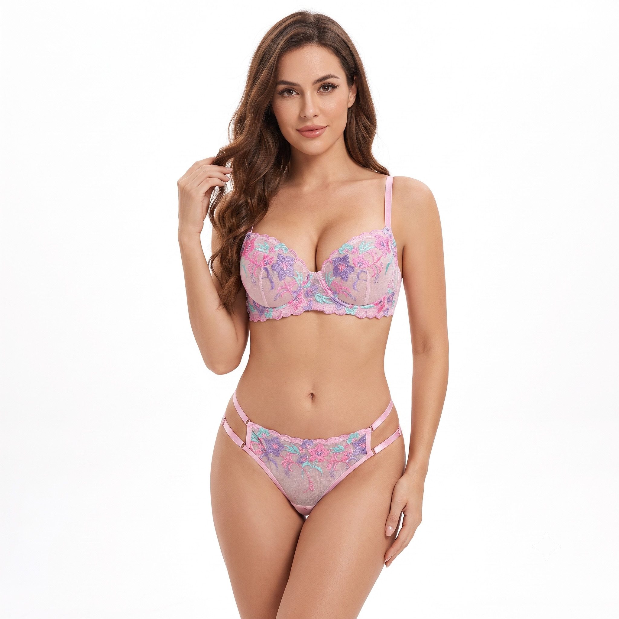 NEXORA INTIMATES™ Set: Bügelloser BH Damen Dessous Set Rosa mit Bügel-BH und String Blumenstickerei (Wäscheset, 2-teilig) Dessous, mehrfarbige florale Stickerei