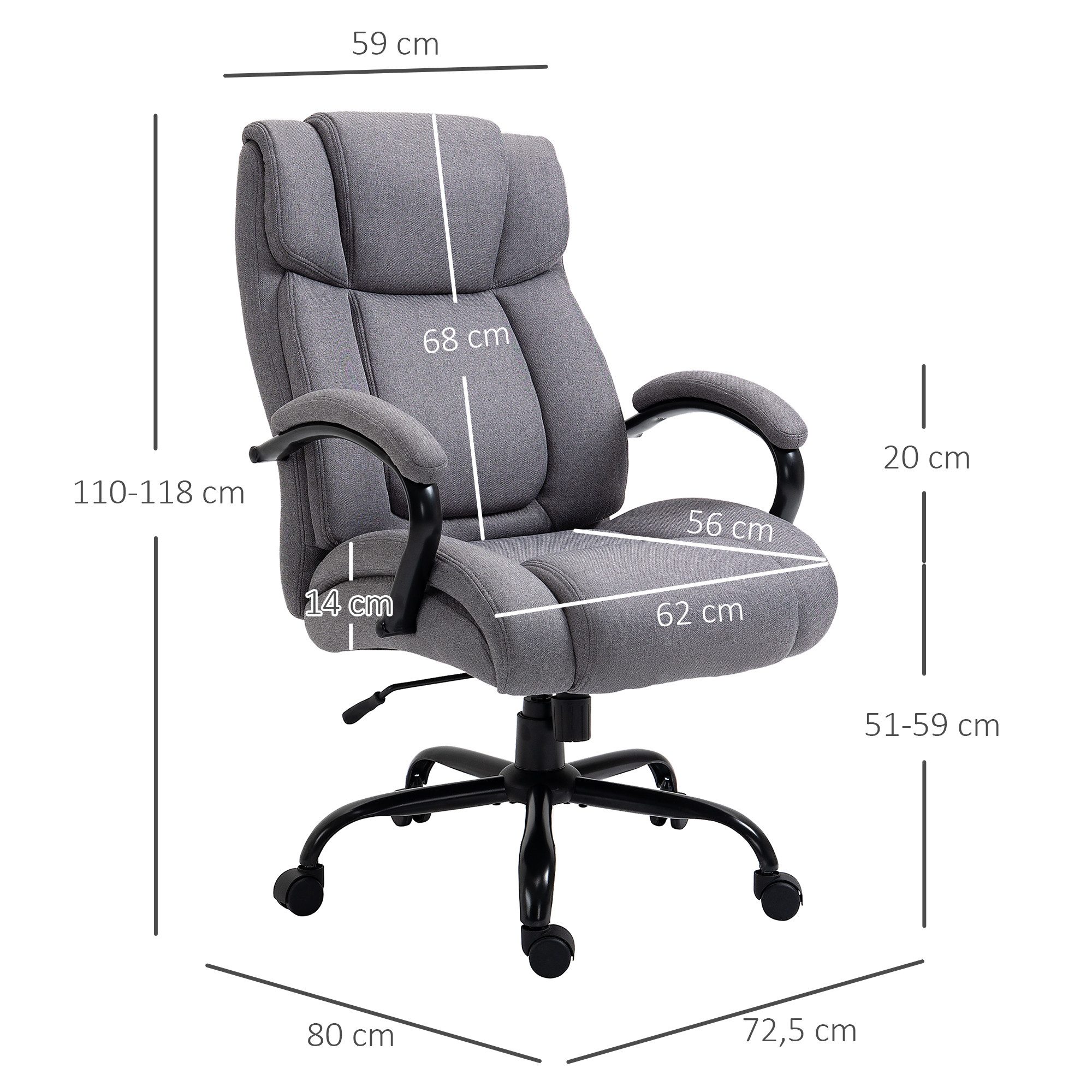 Vinsetto Bürostuhl Ergonomischer Chefsessel mit Armlehne (Höhenverstellbarer Drehstuhl, 1 St), mit Wippfunktion, Leinenoptik, bis 220 kg belastbar, Hellgrau