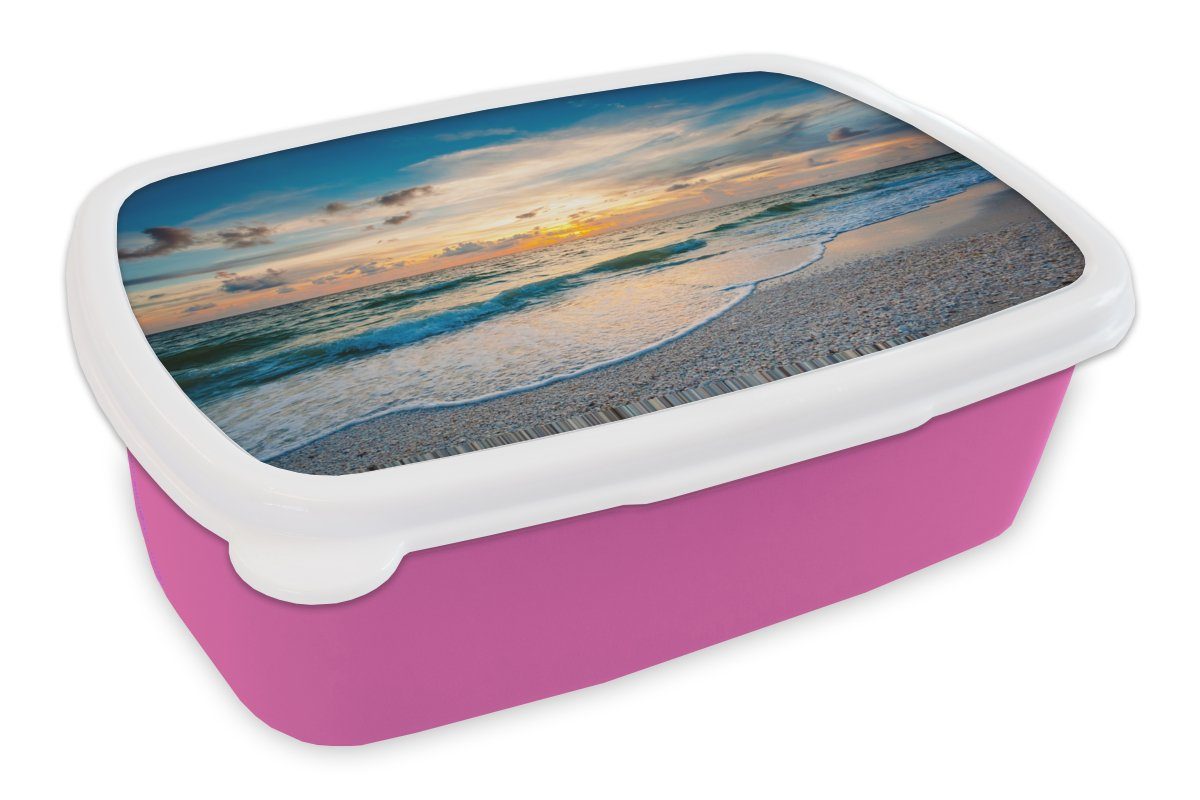 MuchoWow Lunchbox Strand - Meer - Sonnenuntergang, Kunststoff, (2-tlg), Brotbox für Erwachsene, Brotdose Kinder, Snackbox, Mädchen, Kunststoff rosa