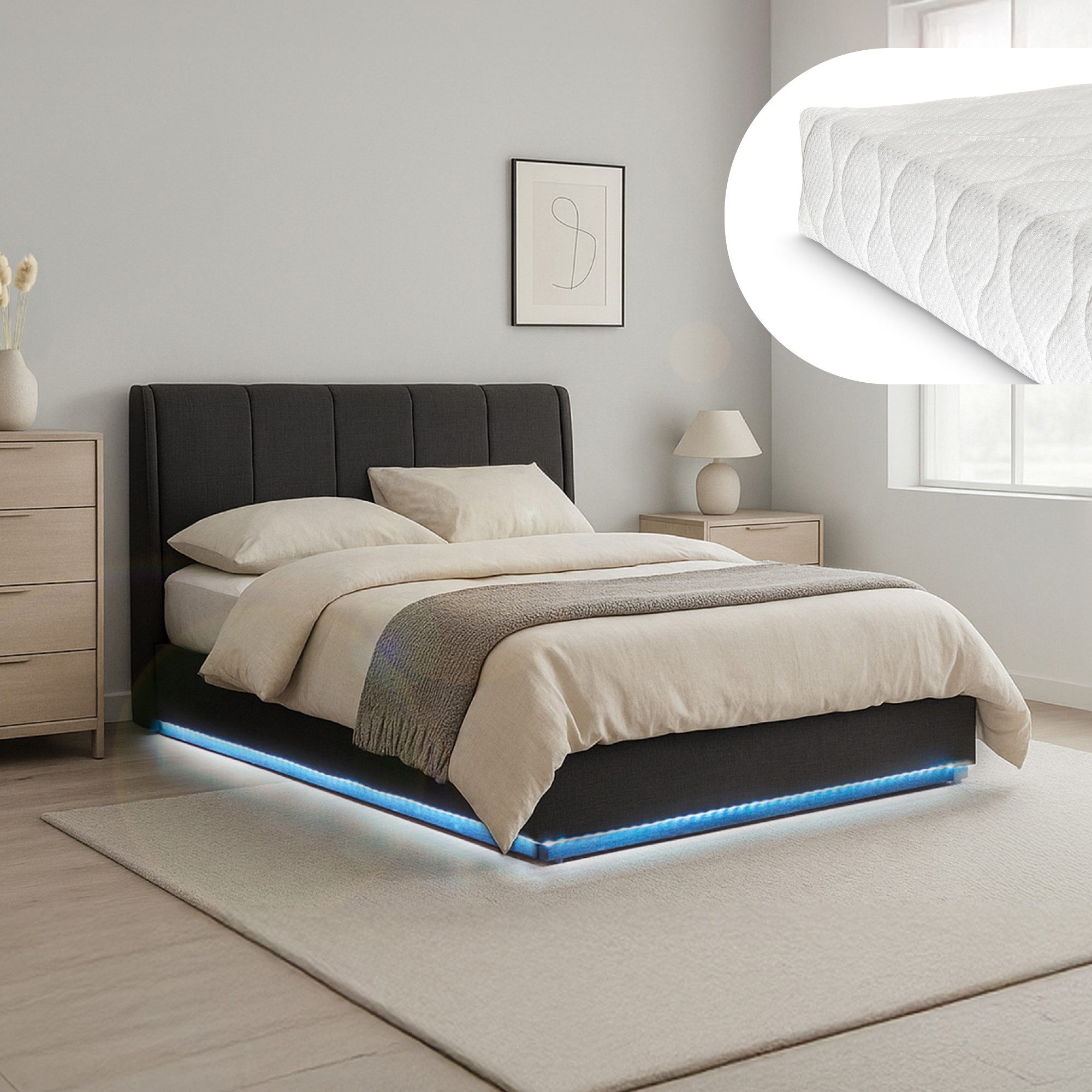 en.casa Polsterbett, mit Matratze »Tröstiar« mit LED-Beleuchtung 160x200 cm günstig online kaufen