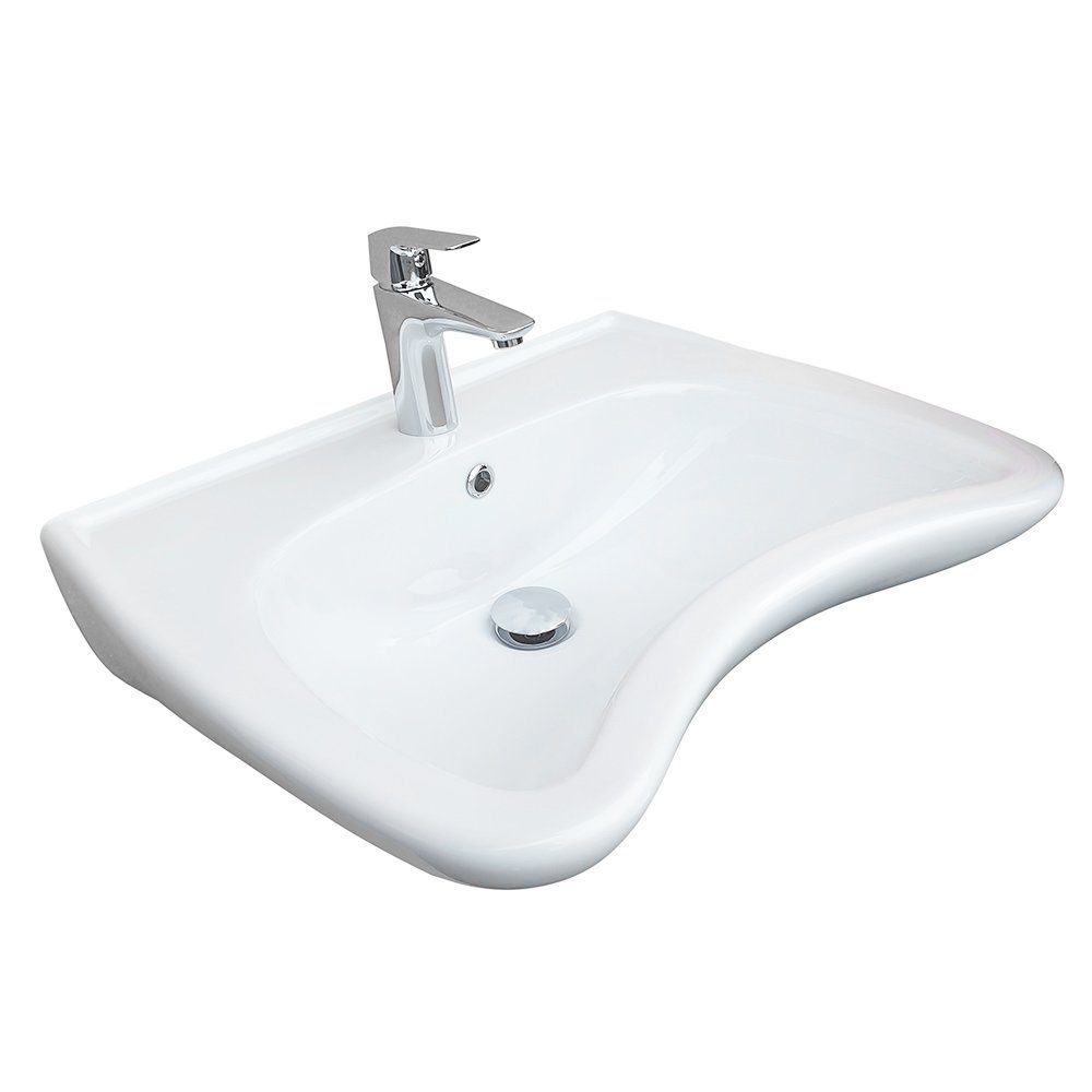 Belvit Waschbecken BV-BF1002 60,5 cm – Barrierefrei, behindertengerecht mit Hahnloch (1-St), Überlauf, Sanitärkeramik, Wandmontage, ideal für Bad & WC, weiß