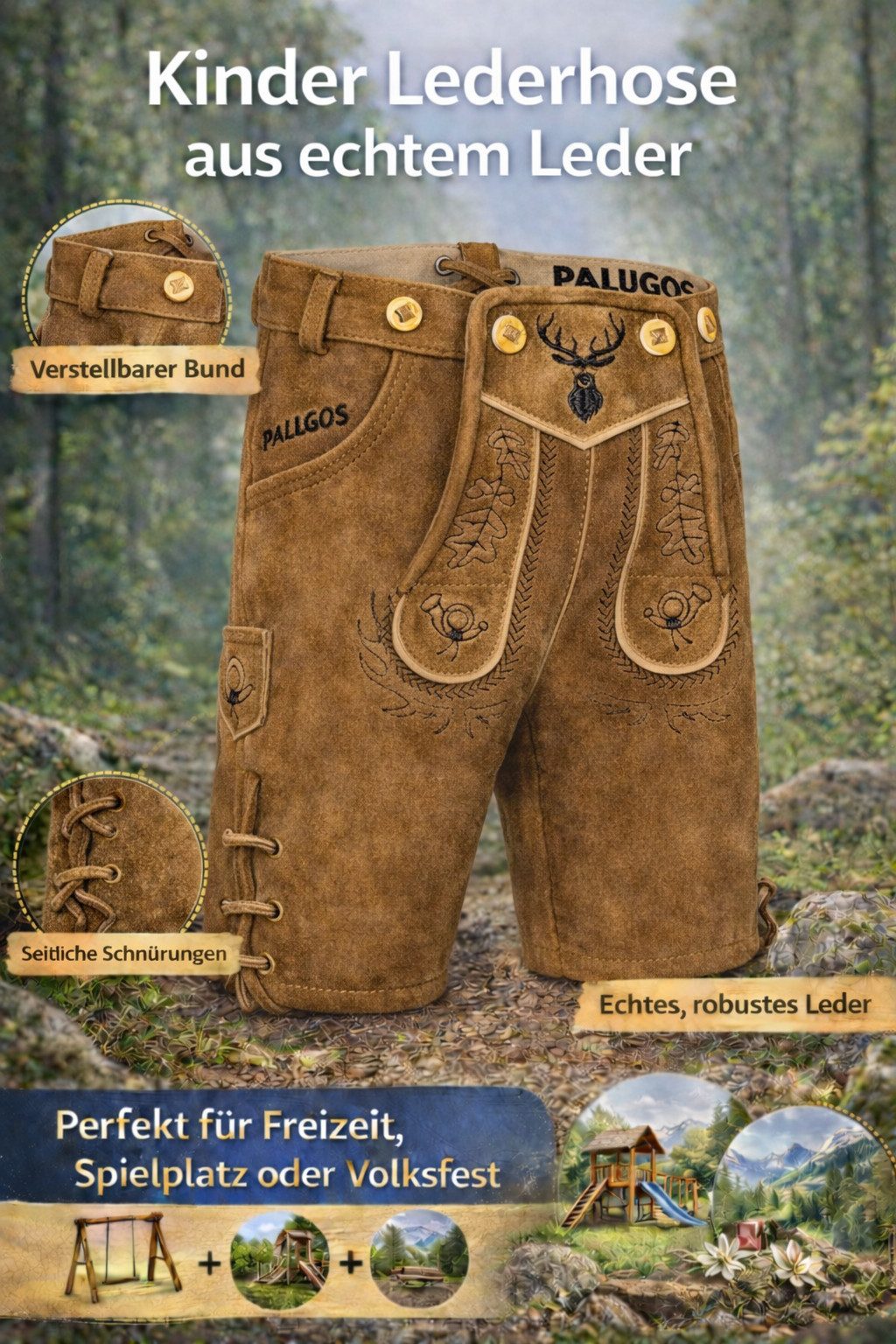 PAULGOS Trachtenhose Kinder Lederhose Kurz mit Trägern 100% Echtleder - KK2
