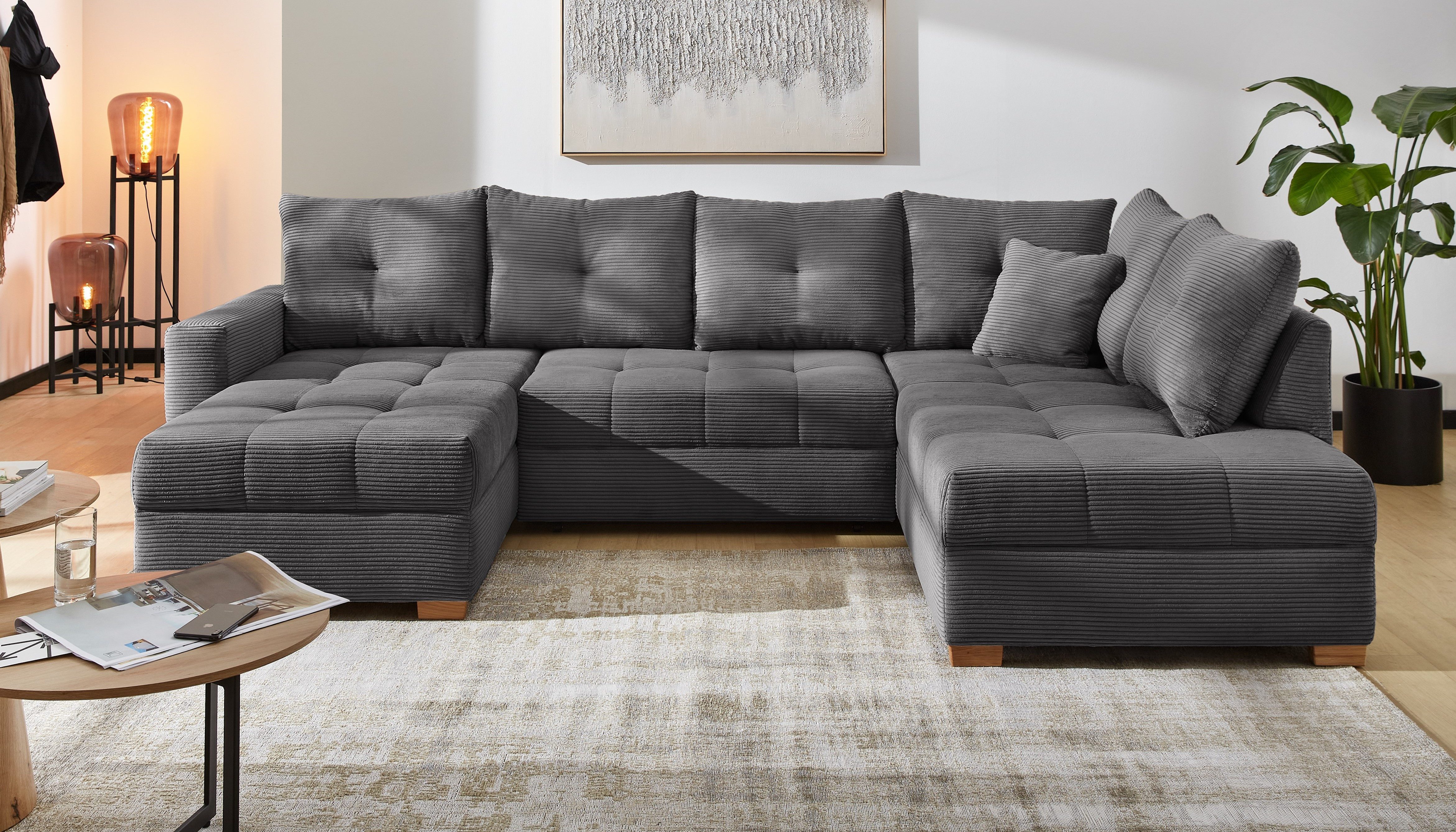 Jockenhöfer Gruppe Wohnlandschaft Abby U-Form, B: 313 cm, inkl. Schlaffunktion, inkl Bettkasten, große Liegefläche 273x147cm, Massivholz Füße