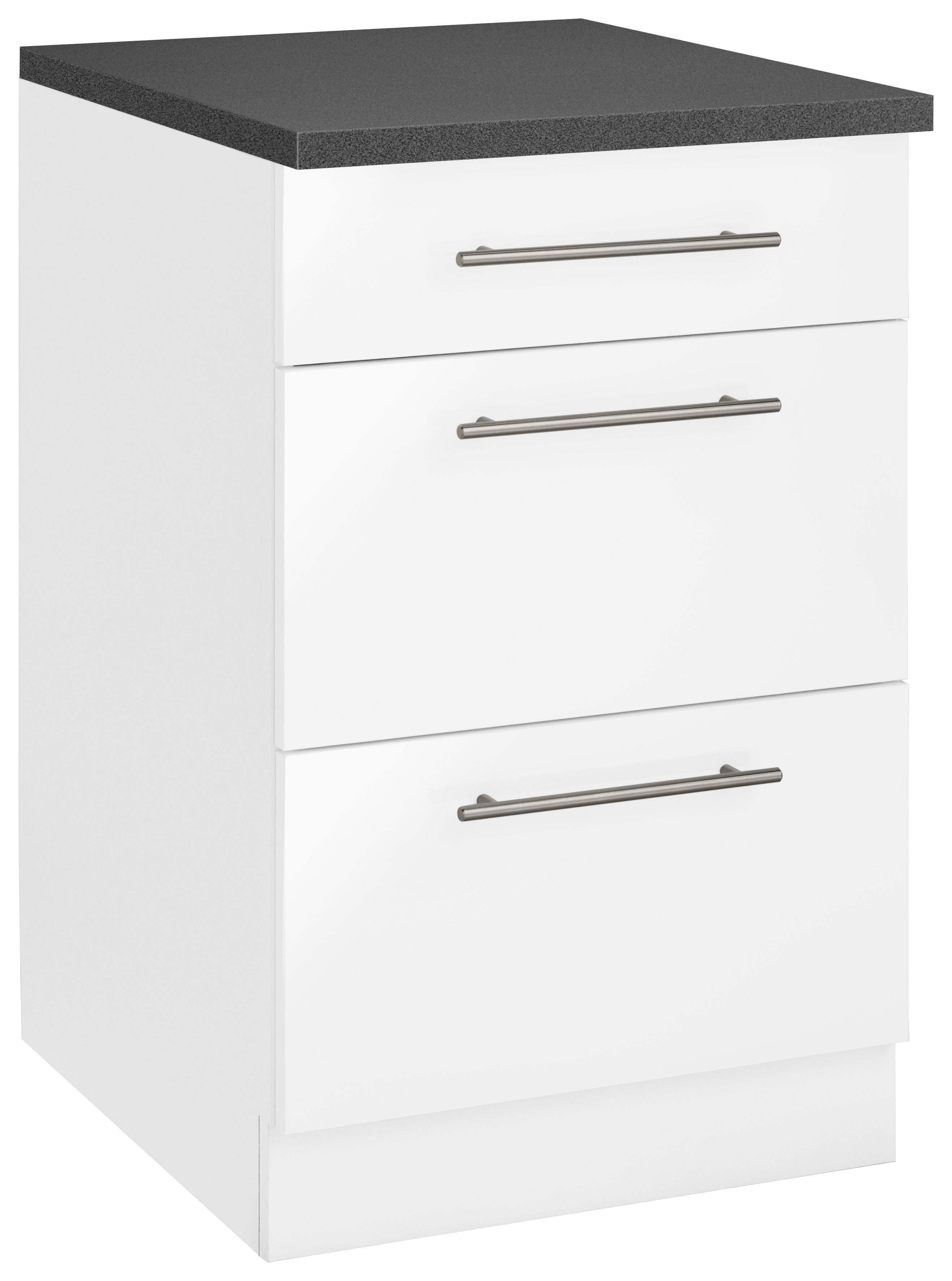 wiho Küchen Unterschrank Cali 50 cm breit, mit 2 großen Auszügen Front: Weiß Glanz, Korpus: Weiß, Arbeitsplatte: Granit Grau | Weiß