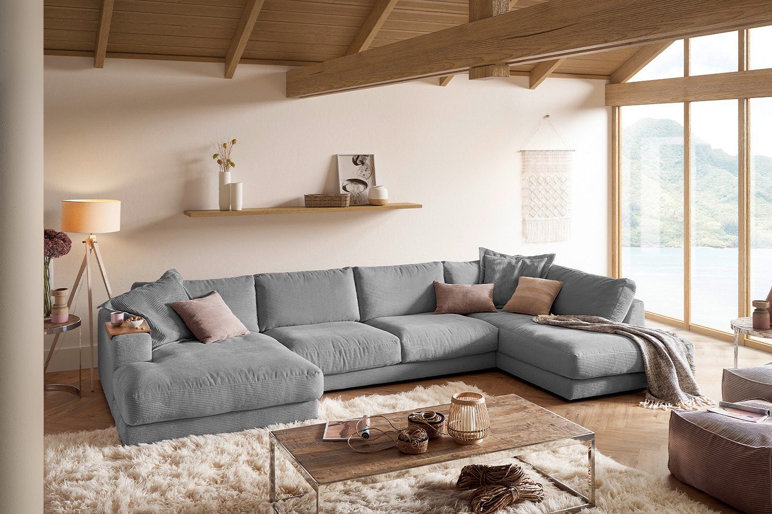 KAWOLA Wohnlandschaft MADELINE, Sofa U-Form Cord, Longchair rechts od. links, versch. Farben grau