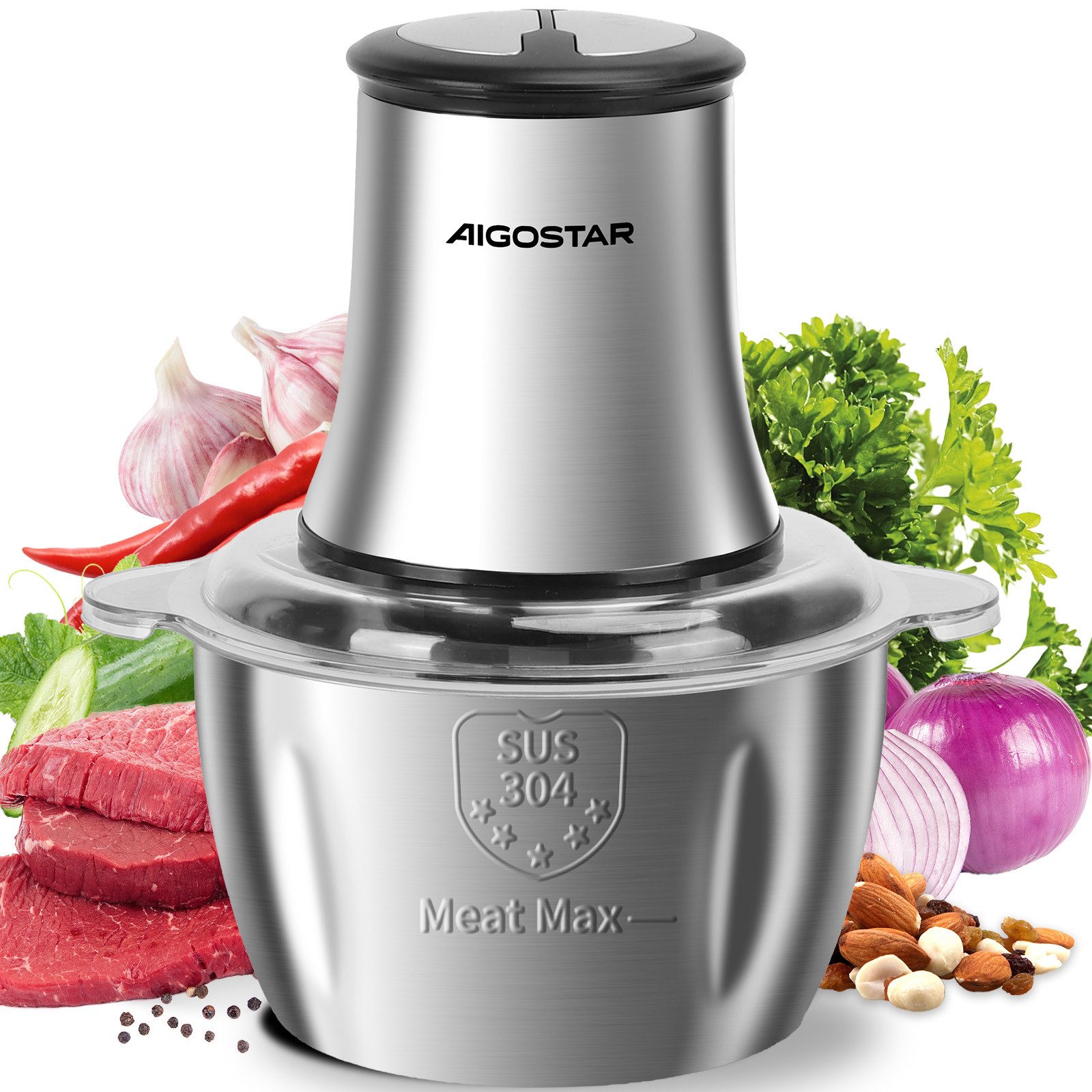 Aigostar Fleischwolf Zerkleinerer küche elektrisch, Multizerkleinerer für Fleisch, 500,00 W, 500W hohe Leistung, 2 Geschwindigkeiten, 4 Edelstahlklingen