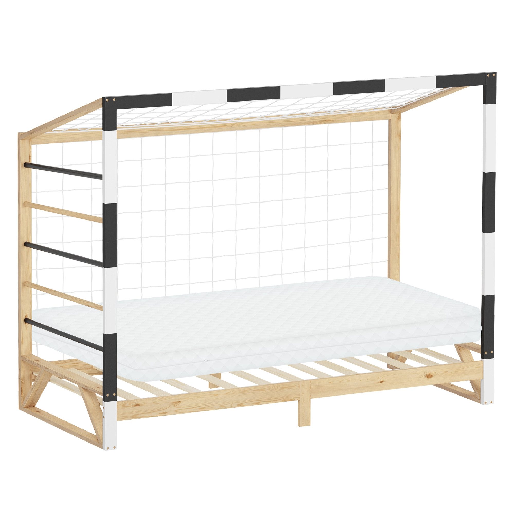ML-DESIGN Spielbett Kinderbett Fußballtor Holzbett Einzelbett mit Lattenrost & Netz Bett, Abenteuerbett 90x200cm Natur für Kinder aus Kiefernholz mit Matratze