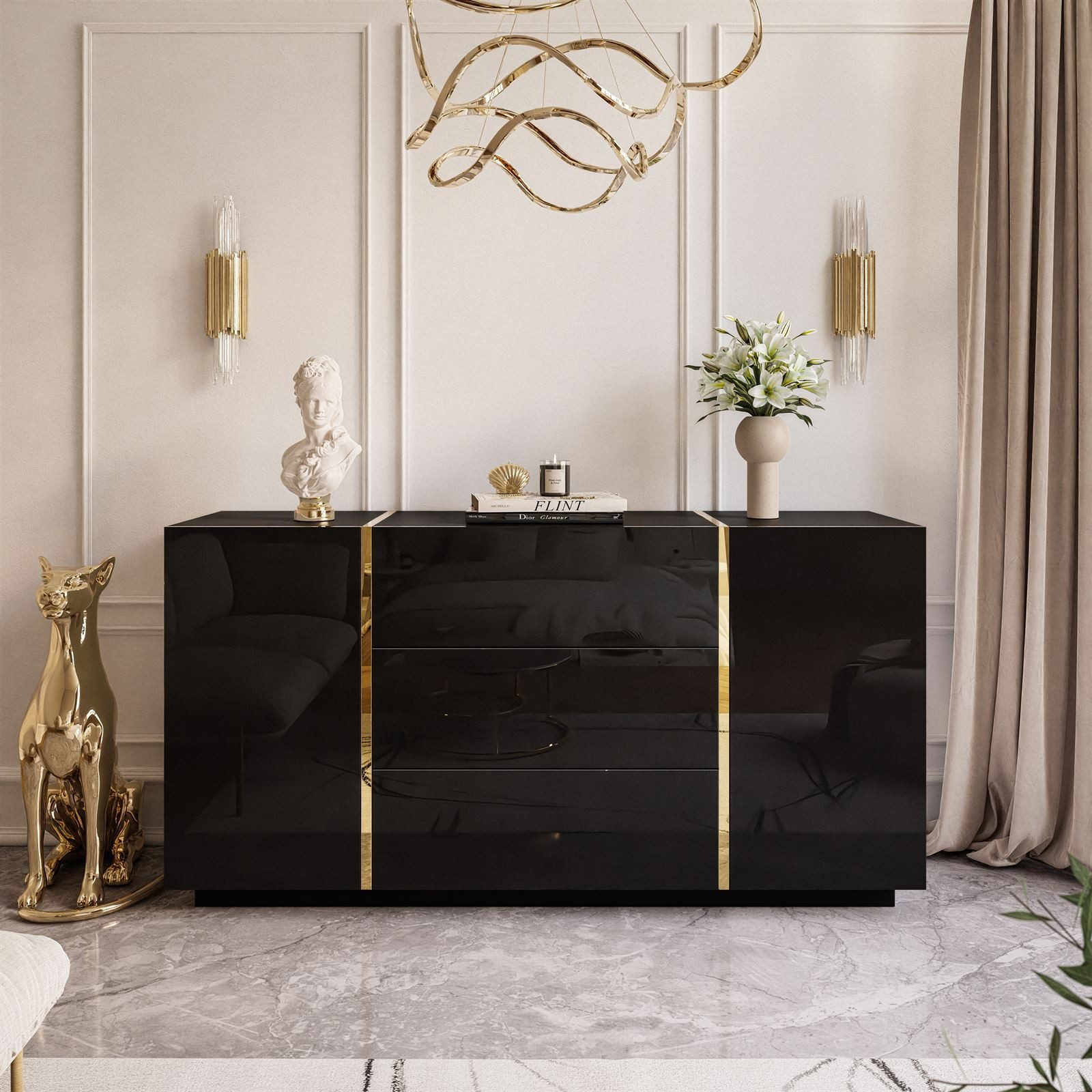 yourhouse24 Kommode ONYX Sideboard Hochglanz Push-Open / Goldgriffe 158 cm