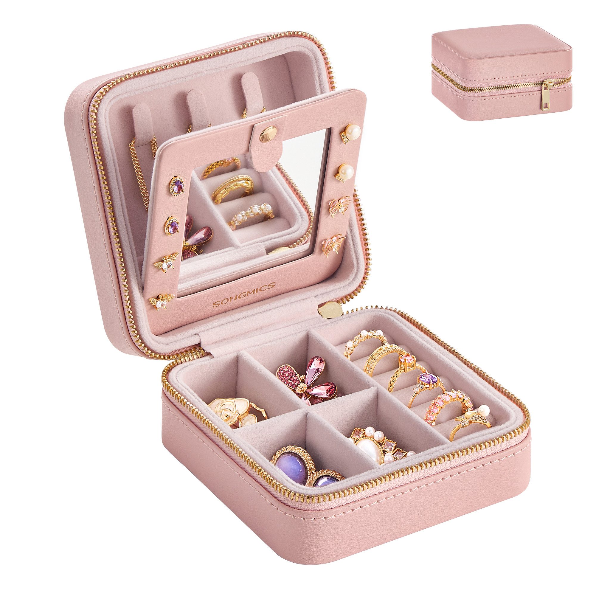 SONGMICS Schmuckkasten Reise, Schmuck-Reiseetui, Spiegel, Reißverschluss, Geschenkidee, Schmuckaufbewahrung tragbar, PU-Bezug, 11,4 x 11,4 x 6 cm