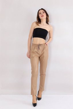 fashionshowcase Lederhose Damen Kunstleder-Hose mittlere Taille – Outdoorhose Lederoptik Elastikbund mit Tunnelzug