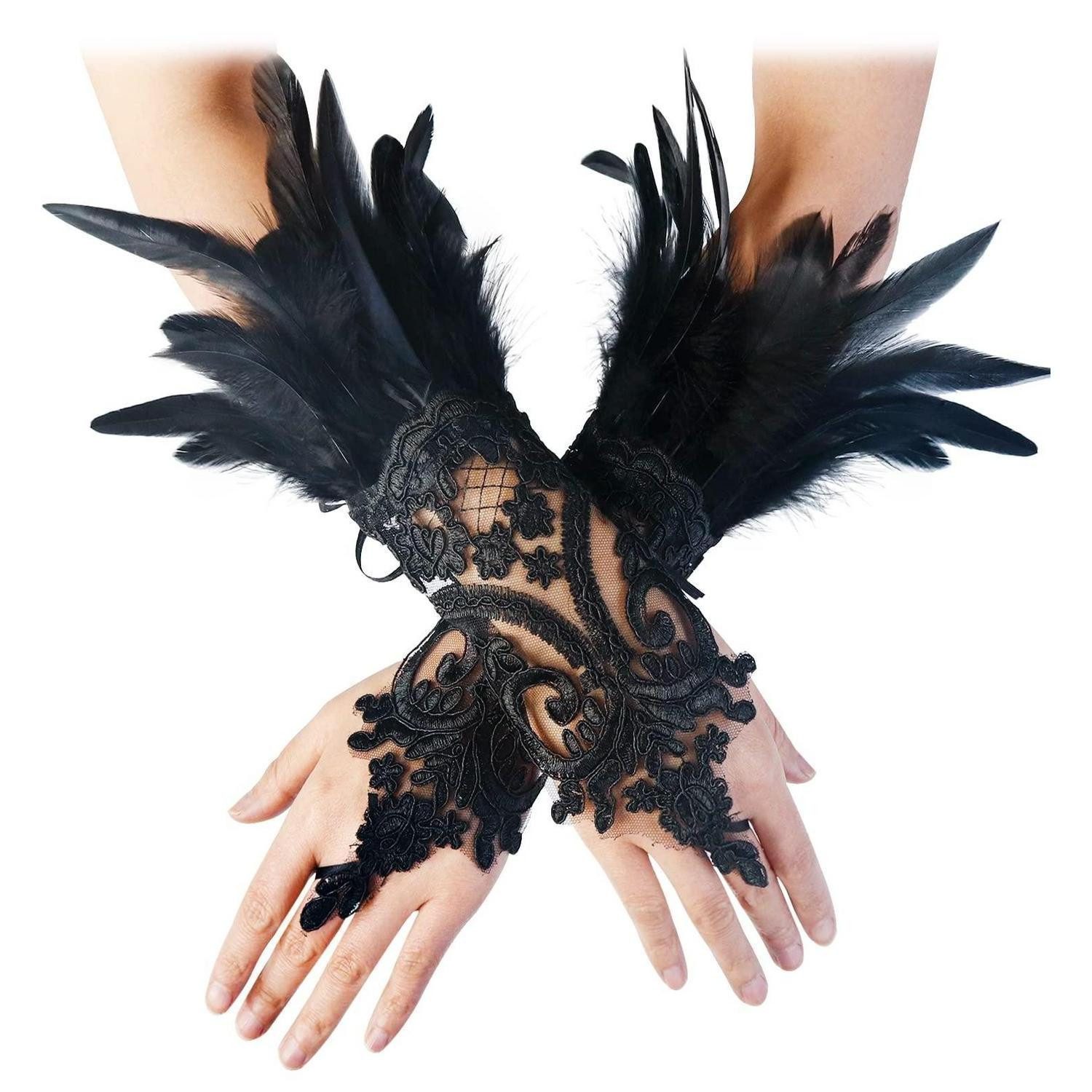 LuxusKollektion Abendhandschuhe Damen Handschuhe Gothic Feder Spitze Schwarz (2-St)