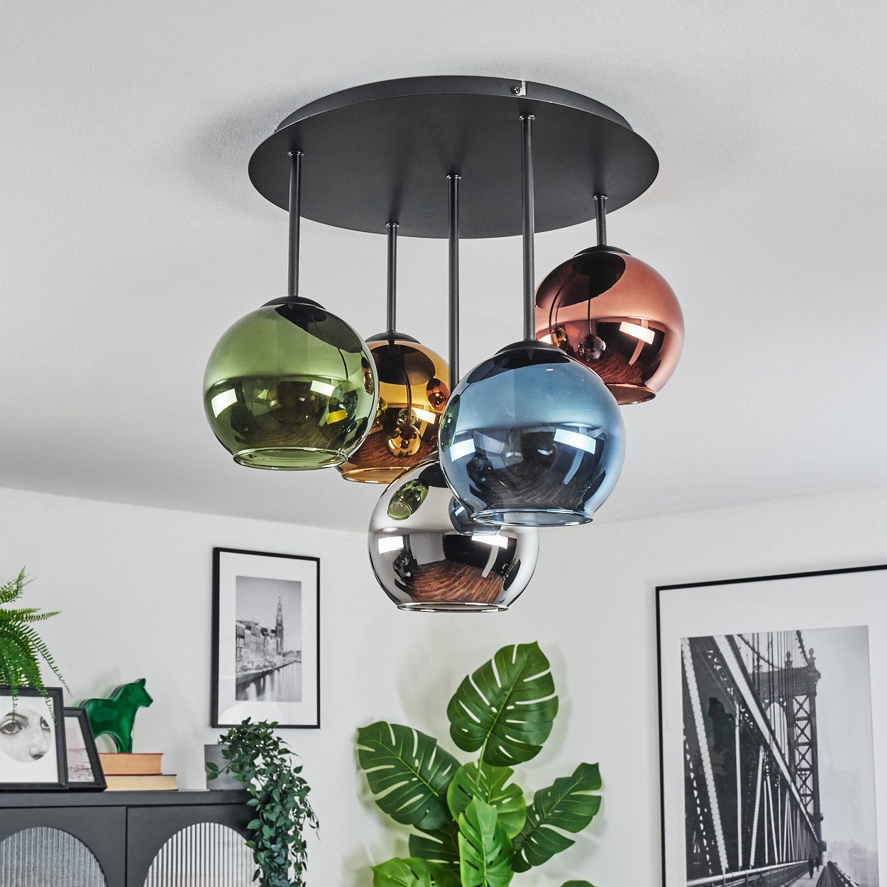 hofstein Deckenleuchte Deckenlampe aus Metall/Glas, Schwarz/Blau/Grün/Kupfe günstig online kaufen