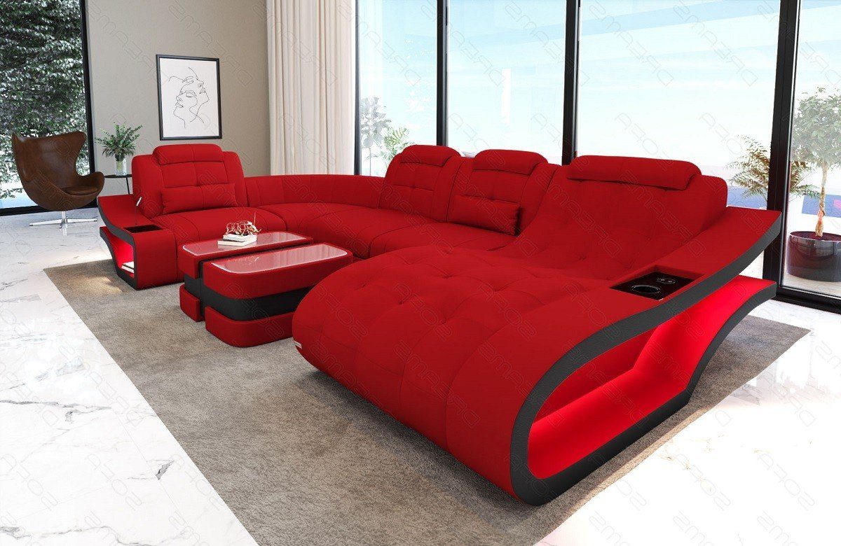 - Stoff mit Bettfunktion Polster Elegante Stoffsofa Sofa, U Couch M Dreams Wohnlandschaft rot-schwarz wahlweise Sofa Form