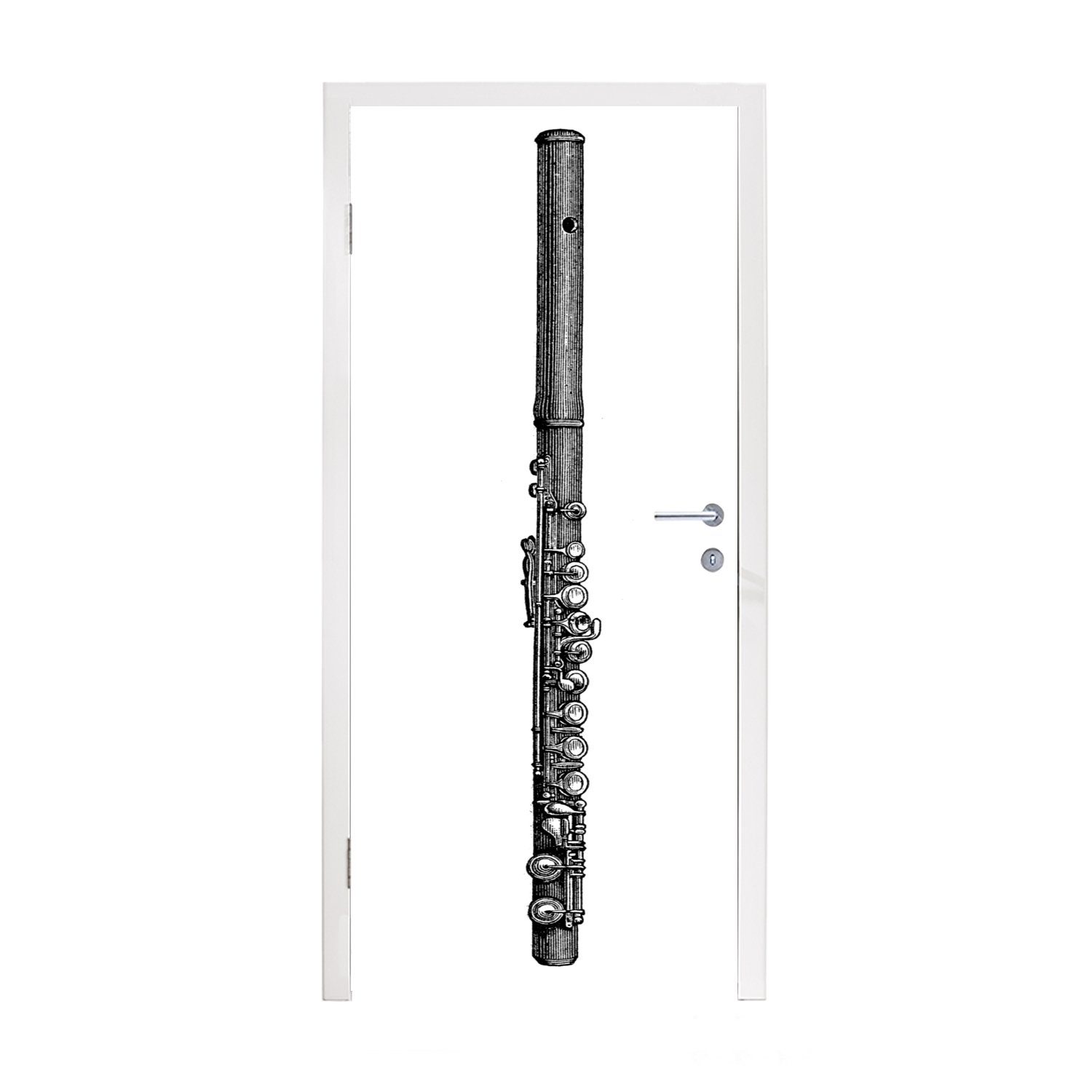 MuchoWow Türtapete Schwarze und weiße Illustration einer antiken Flöte, Matt, bedruckt, (1 St), Fototapete für Tür, Türaufkleber, 75x205 cm