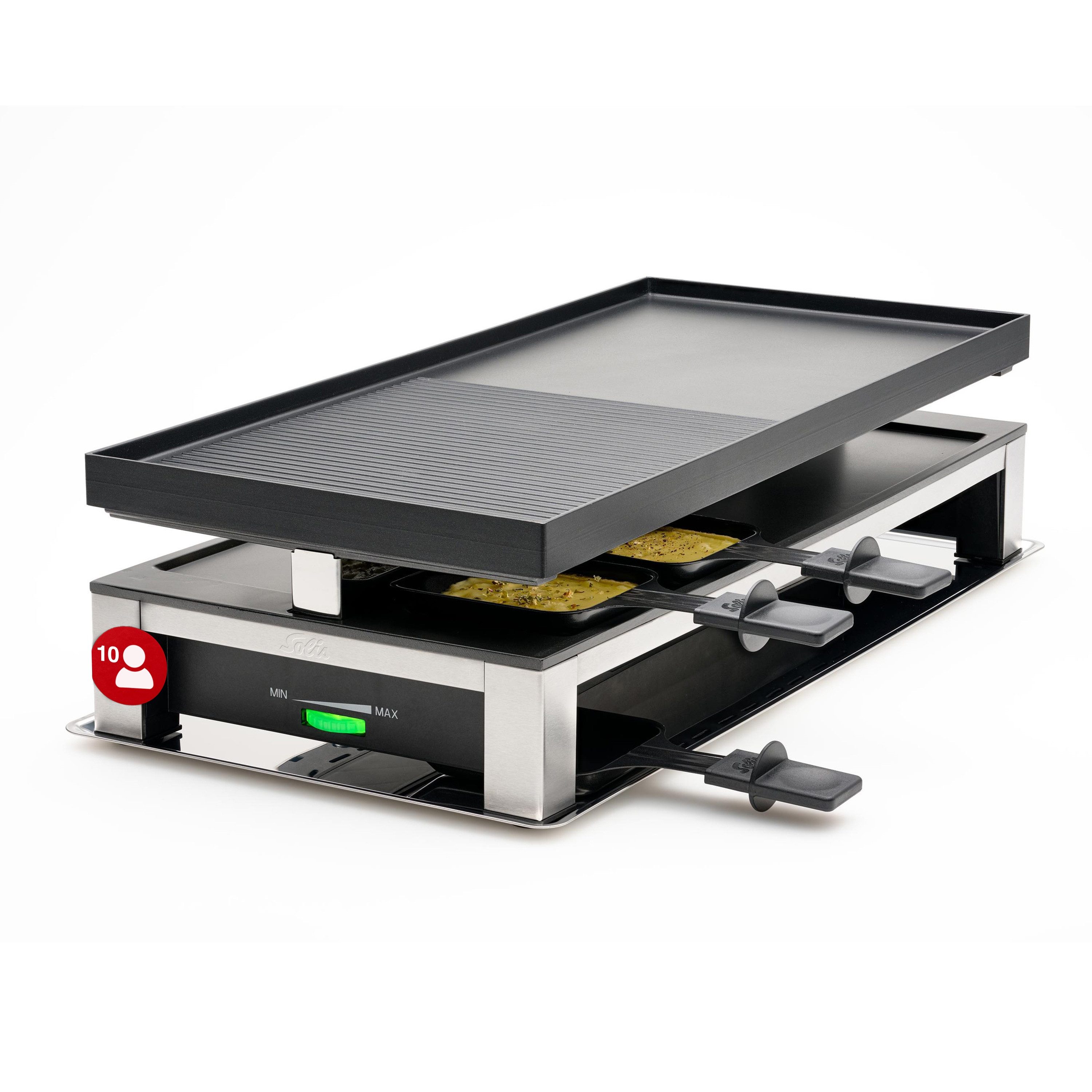 SOLIS OF SWITZERLAND Raclette 3 in 1 Combi Grill, Typ 7911, 10 Raclettepfännchen, 1500 W, Raclette, Grillen & Crepes, für 10 Personen