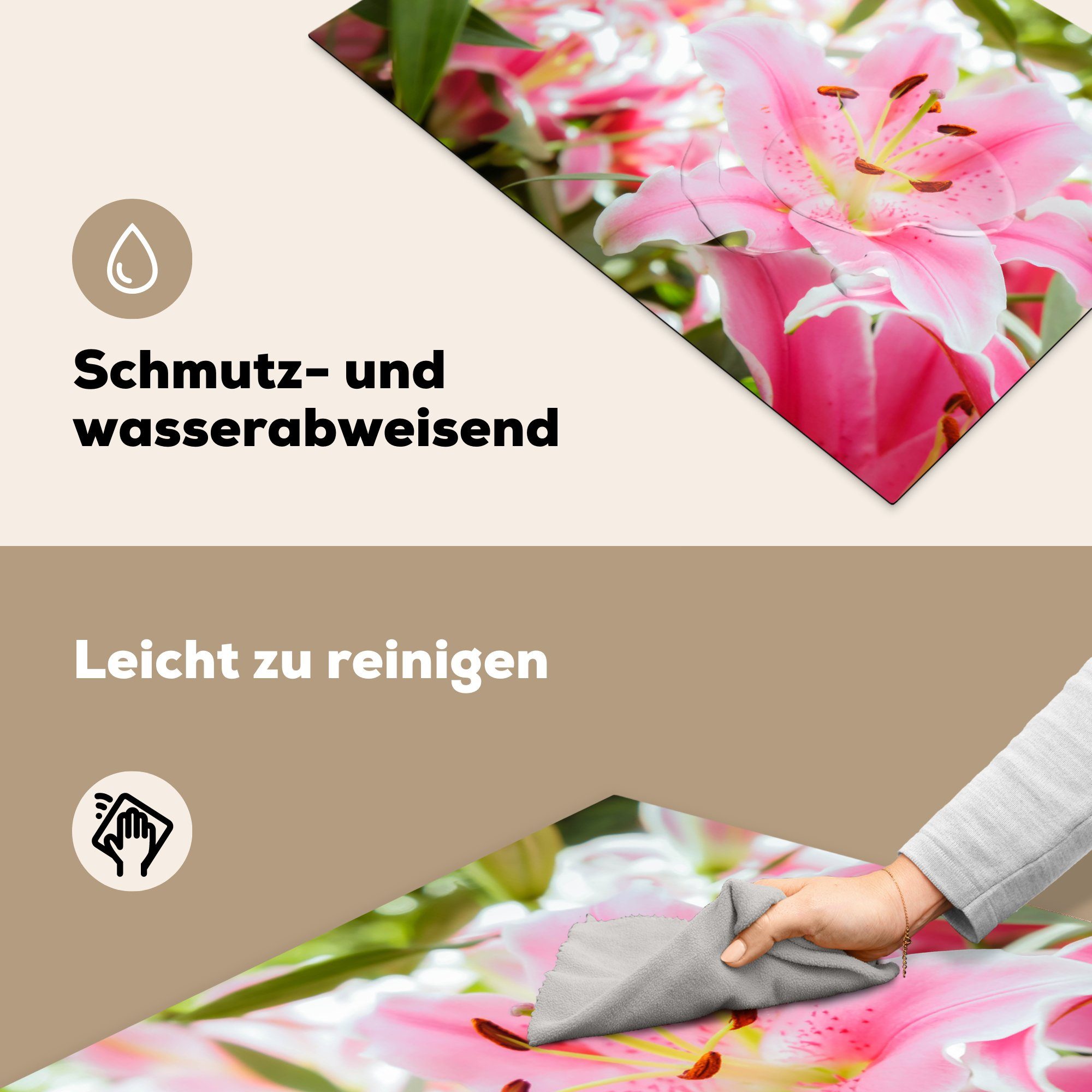 MuchoWow Herdblende-/Abdeckplatte Lilie - tlg), Vinyl, - Induktionskochfeld Rosa, Blumen Schutz küche, für 81x52 Ceranfeldabdeckung die (1 cm