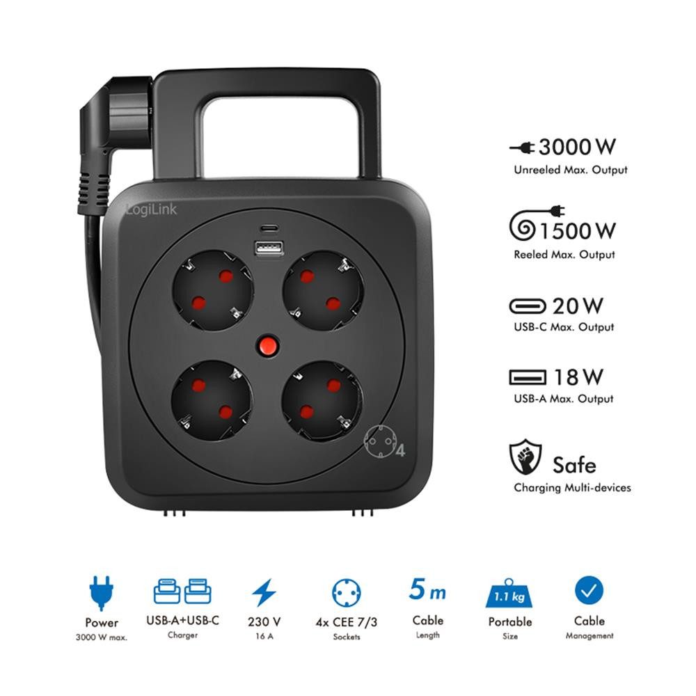 LogiLink LPS504 Kabeltrommel 4-fach (Kabellänge 5 m), Verlängerungstrommel, 4 Steckdosen, USB-C PD, 3000 W, Alltag