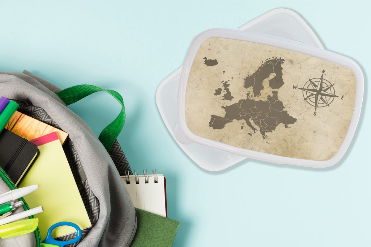 Jungs für weiß Kunststoff, Brotbox Lunchbox und Europa - MuchoWow Brotdose, Karte Mädchen - und (2-tlg), für Kompass, Kinder Erwachsene,
