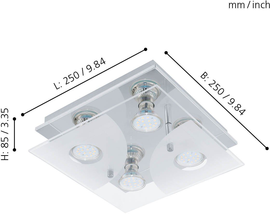 EGLO Deckenleuchte CABI Deckenlampe, Edelstahl und Glas, GU10, weiss, Wohnzimmerlampe, LED wechselbar, Warmweiß, Deckenleuchte, L25 x B25 x H8,5 cm, chrom, weiß, klar, 4X2,8W inkl.