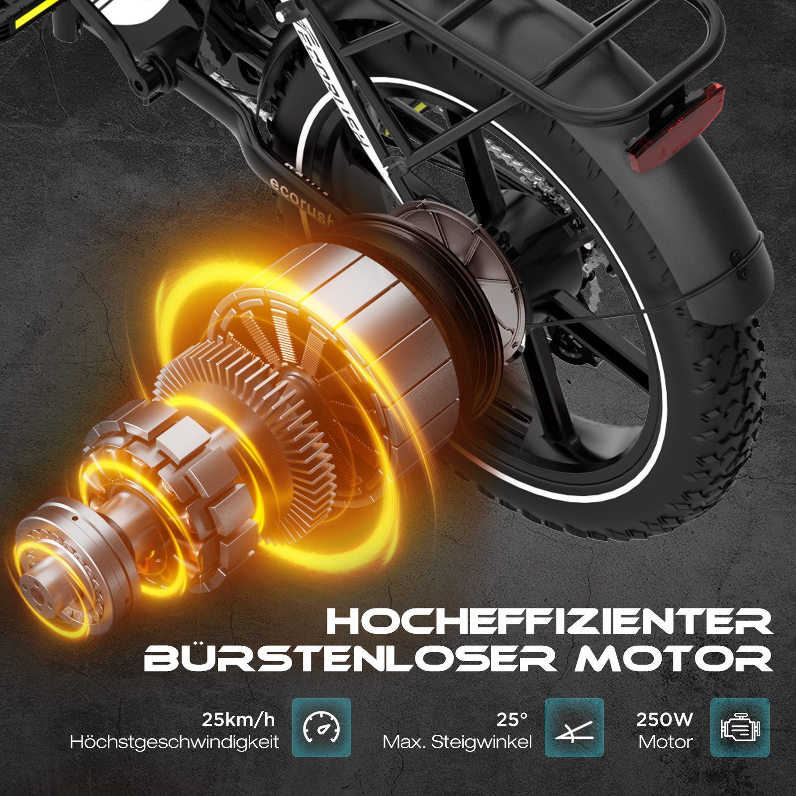 ECORUSH E-Bike Faltrad R2 20*4,0 Zoll Elektrofahrrad bis zu 60-100km, 7 Gang shimano shimano Schaltwerk, Kettenschaltung, Heckmotor, 499,2 Wh, Faltrad, MTB E Mountainbike, Pedelec für Damen u. Herren