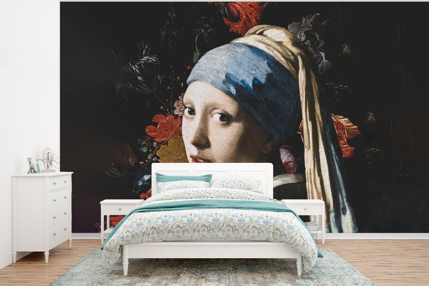 MuchoWow Fototapete Das Mädchen mit dem Perlenohrring - Vermeer - Blumen, Matt, bedruckt, (6 St), Wallpaper für Wohnzimmer, Schlafzimmer, Kinderzimmer, Vinyl Tapete