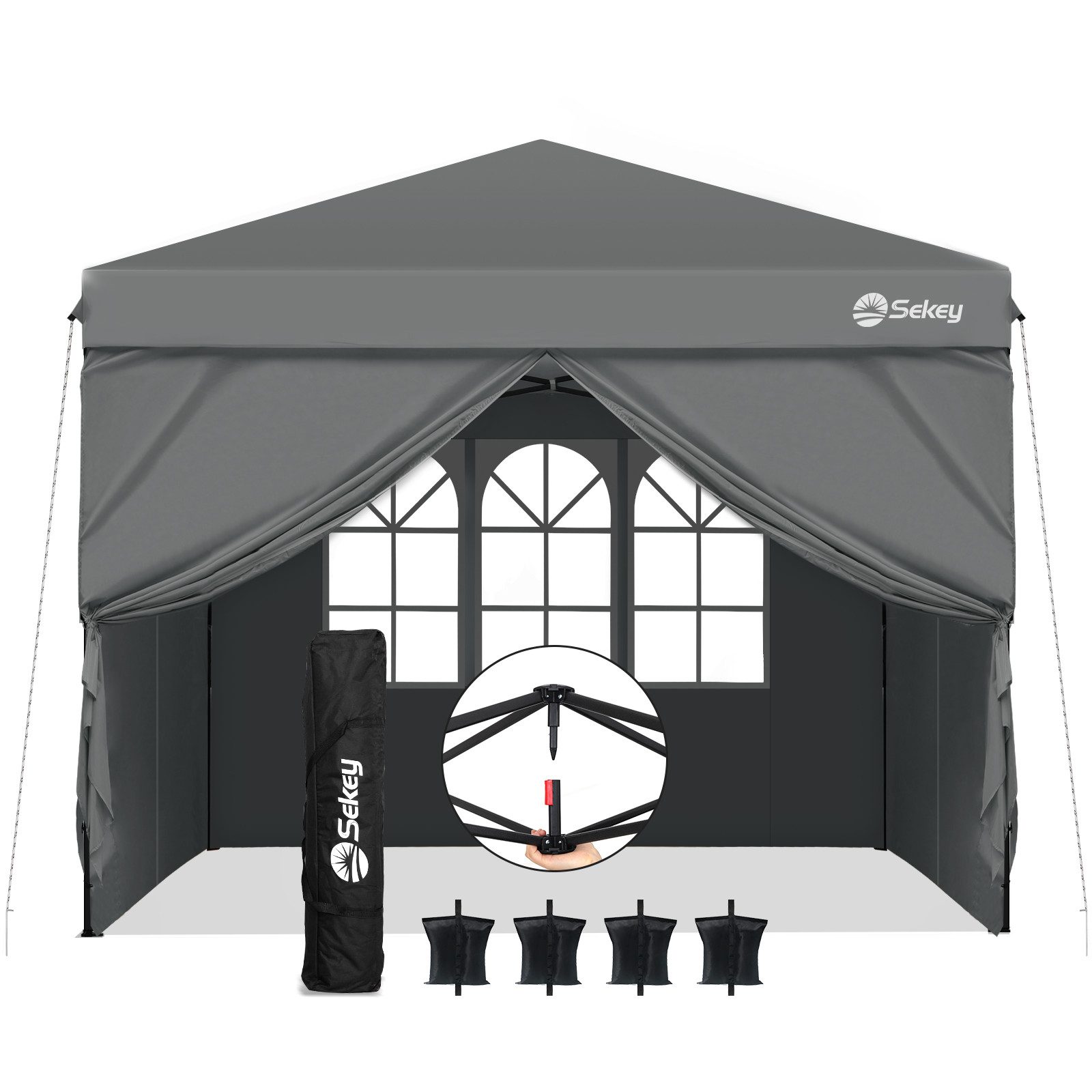 Sekey Faltpavillon 300x300 cm Pavillon Gartenpavillon mit 4 abnehmbaren Seitenteile UV50+, mit 4 Seitenteilen, Winterfest und Wasserdicht Partyzelt mit 1 Fenster und 4 Sandsäcke