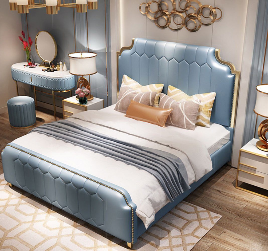 Doppelbett Bett Schlafzimmer Modern Holz Bett In Betten (Bett), Blau Holz Neu Europe Made JVmoebel Stil
